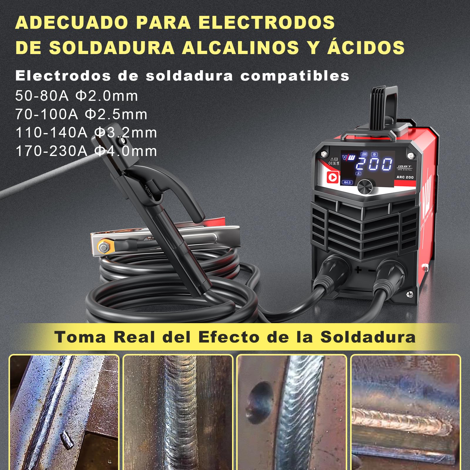VECTOR WELDING Máquina de Soldar Inverter de Electrodos 200A Set, Soldadora de Electrodos MMA/STICK con Pantalla LED, MMA/STICK, IGBT, Juego de soldadura ARC 200