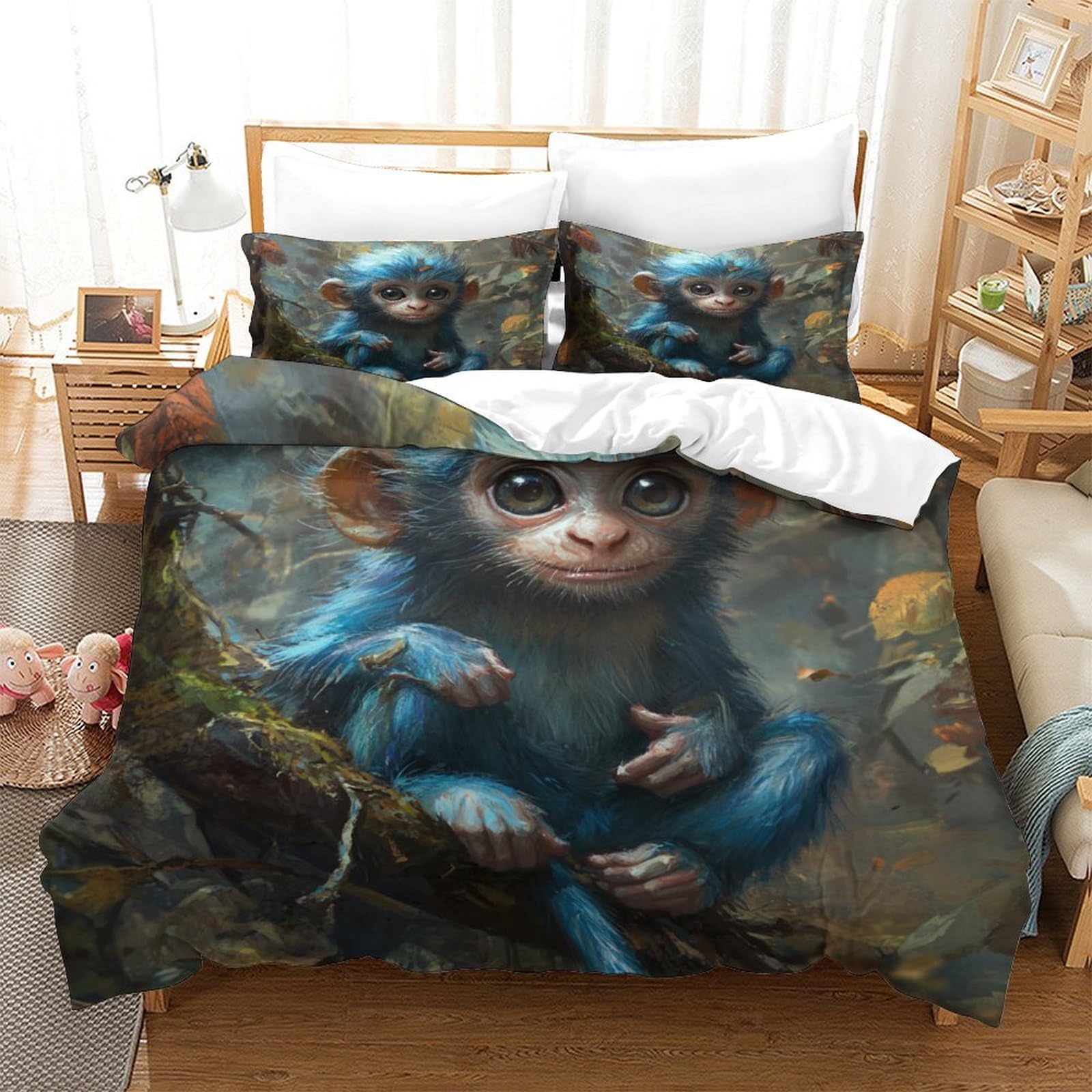 P1s9u7w5y Monkey-4 3D Printed Fantasy Blue Monkey Duvet Cover Set 3Pcs Microfiber Animal Bedding Set Double（200X200cm）