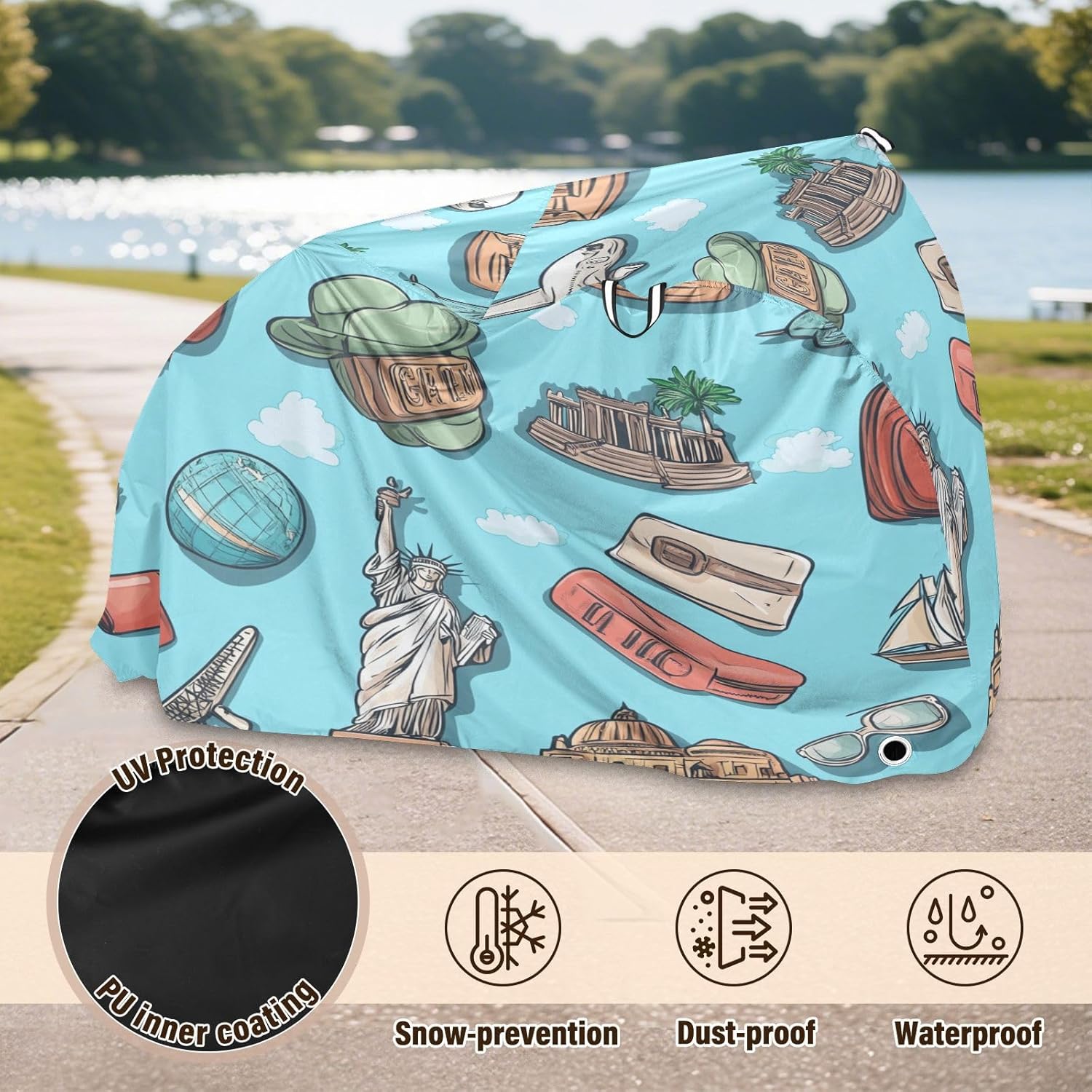ALAZA Travel Stickers Bike Cover Waterproof Outdoor Ebike Bicycle Covers Tarp Protection for 1/2 Bikes, Sun UV Dust Wind Proof