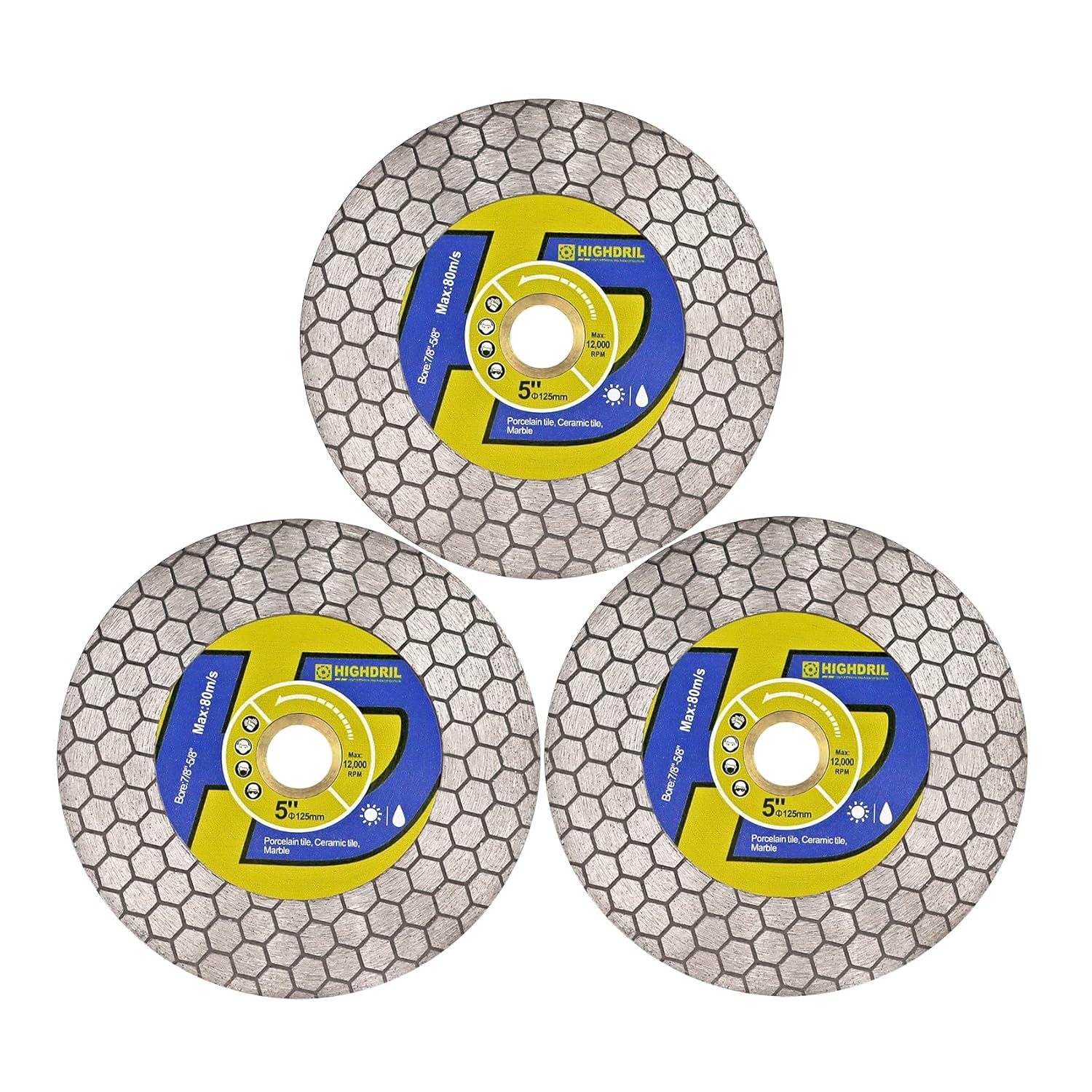 HIGHDRIL Diamond Tile Saw Blade - 3Pcs 5 Inch/125mm Cutting and Grinding Disc for Porcelain Tile Granite Marble Ceramic Quartz