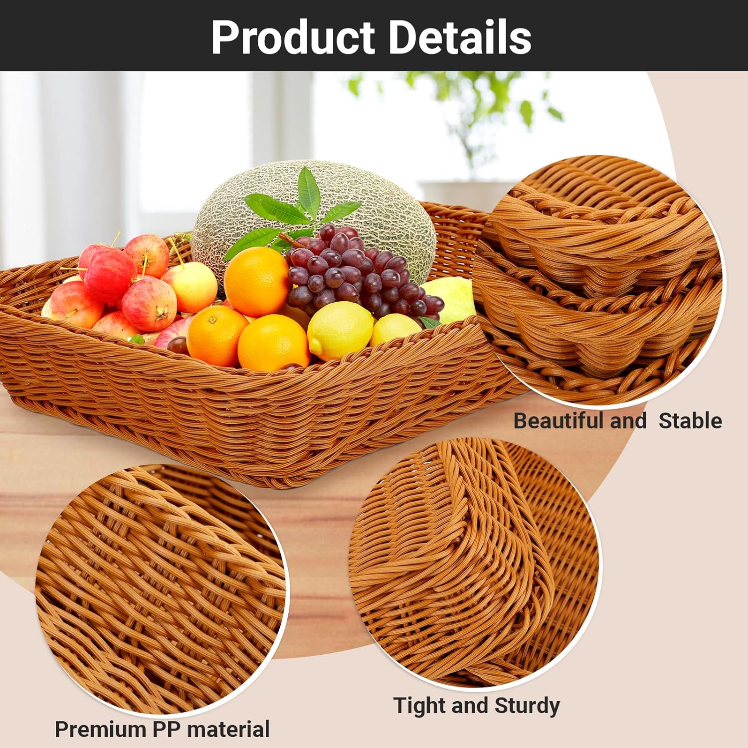 Wicker Bread Basket, Eusoar 15.8"x 11.8"x 3.0" 3pcs Tabletop Food Serving Baskets Trays, Bread Proofing Basket, Woven Tabletop Food Fruit Vegetables Serving Basket for Restaurant Bakery Family Party