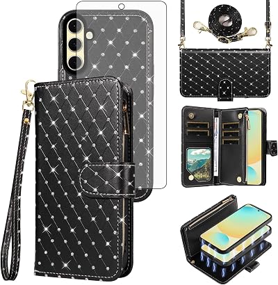 Asuwish Compatible with Samsung Galaxy S24 FE 5G Wallet Case Zipper Cell and Tempered Glass Screen Protector Crossbody Strap Glitter Flip Card Holder Phone Cover for S 24 EF AI S24FE 24S Women Black
