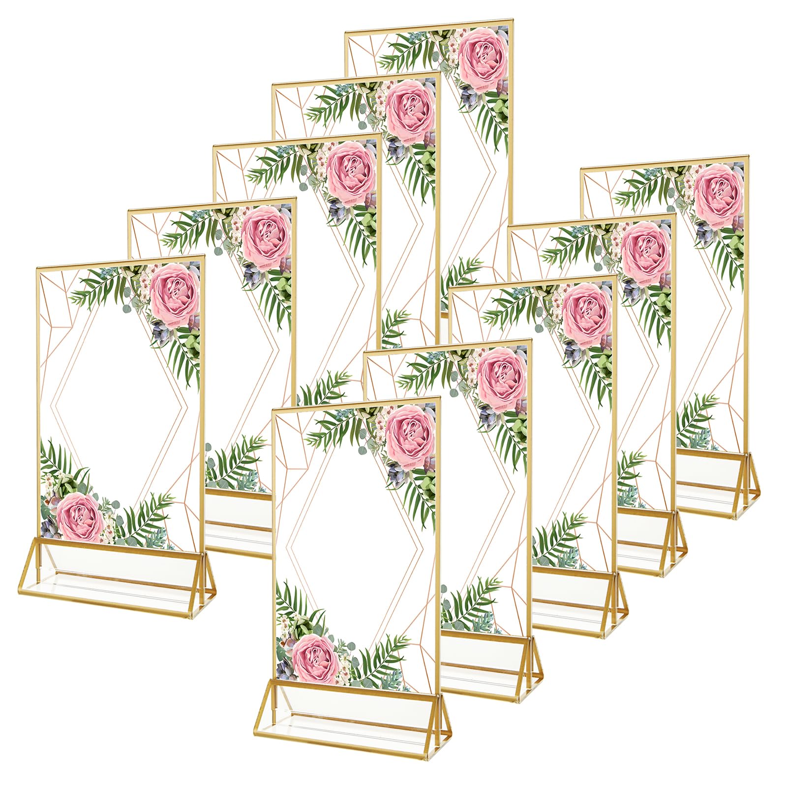 10 pezzi Espositori da tavolo A6, cornice dorata in acrilico, supporto a T, supporto promozionale, segnaposto in oro, per numeri da tavolo, menù per matrimonio, menù