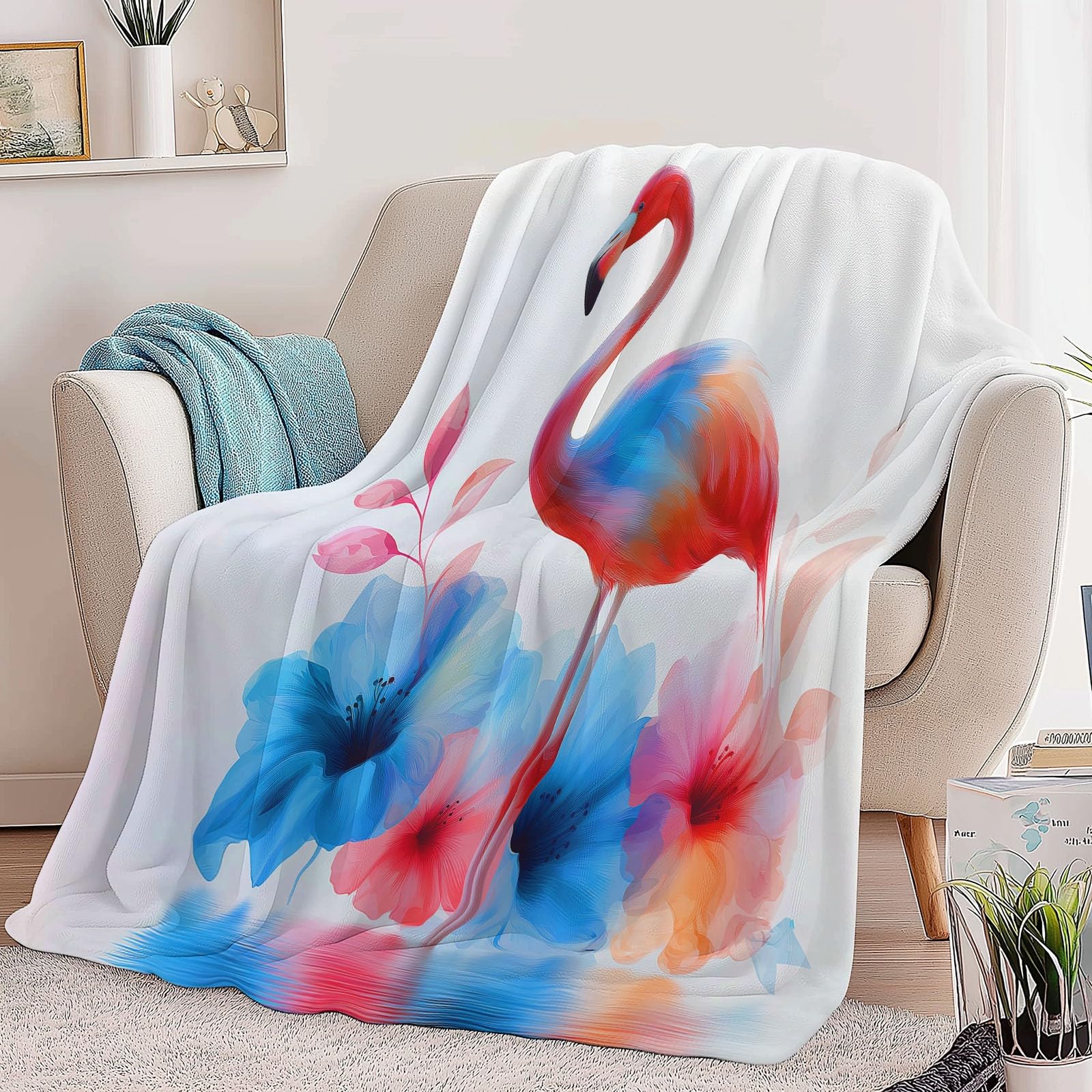 220 x 240 cm Koc polarowy Akwarelowe Różowe Flamingi Kwiaty, Miękka Puszysta Flanelowa Narzuta Sofa Nadaje się dla dorosłych i dzieci Pozostań ciepły zima, kolor