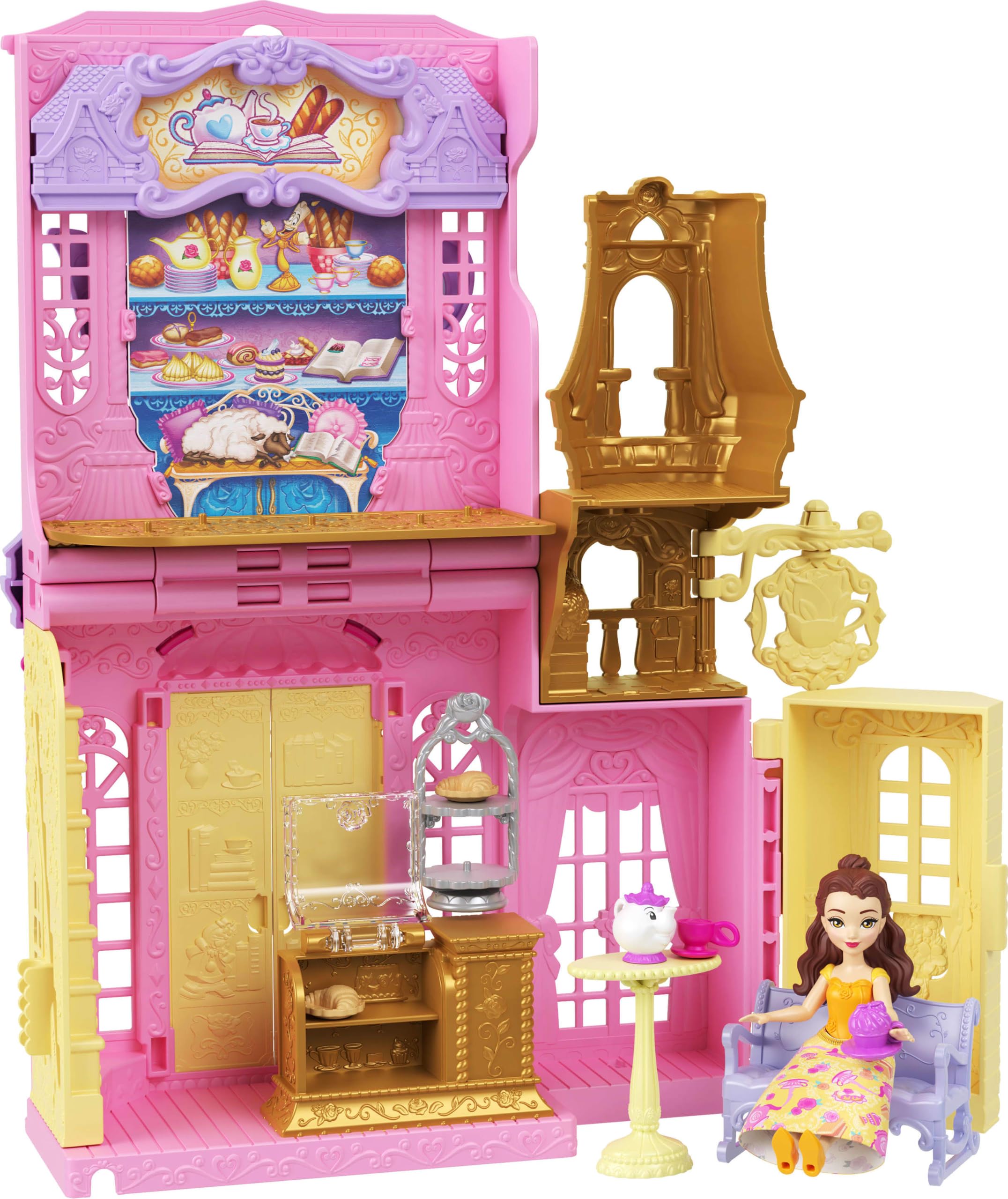 Mattel Disney Princess Delightful Presentation Belle's Tea Shop (Japanese Language) Mini Doll) Playset with 1 Mini Doll Ages 3 and Up Yellow JLT63