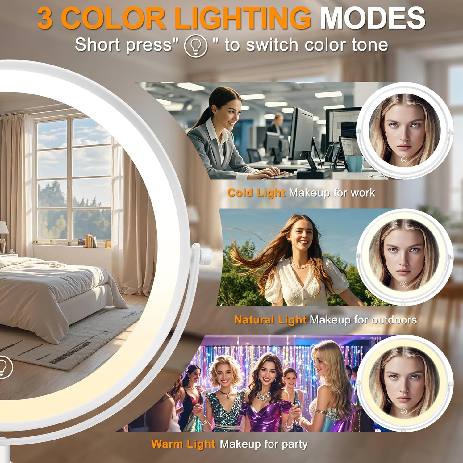 8.7" Large Lighted Makeup Mirror, 1X/10X Magnifying Mirror with 3 Color Dimmable Lights, Double Sided Vanity Mirror, Height Adjustable, 360° Swivel Cosmetic Mirror for Women Girl(White)