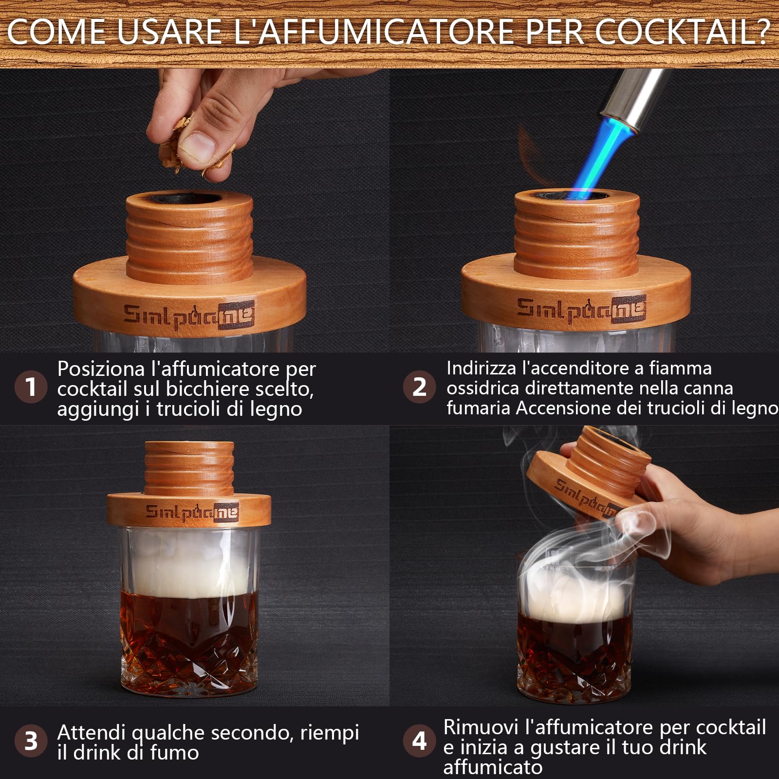 Kit per affumicatore per cocktail con torcia, kit per affumicatore Bourbon vecchio stile con quattro tipi di trucioli di legno, regalo per padre, marito e amanti dei cocktail (senza butano)
