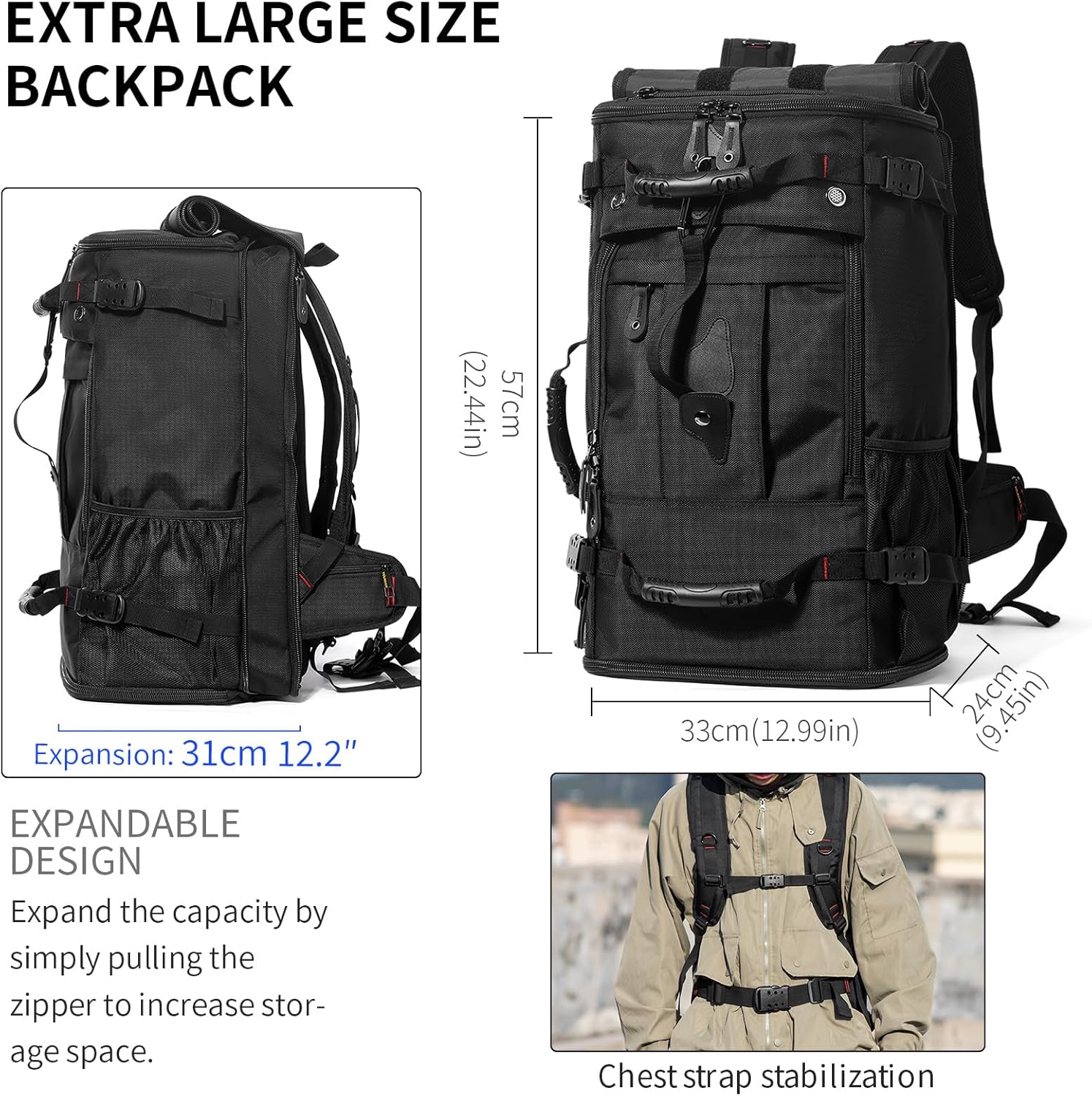 Large Capacity For Travel Hiking Sports Carry On Backpack Durable Convertible Duffle Bag Laptop airplane (Black, 60L-Large DualMainOpening)