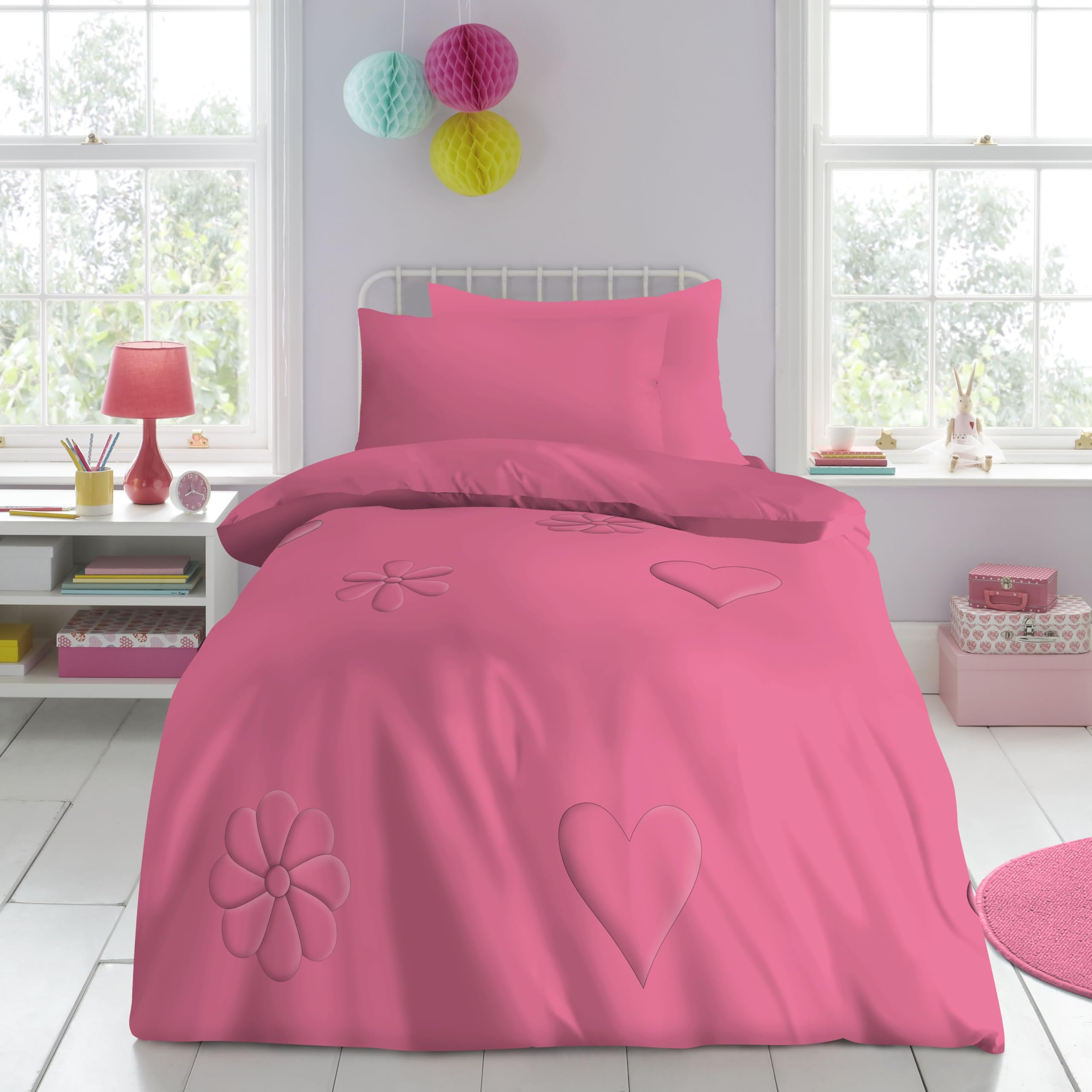 GC GAVENO CAVAILIA Kids Coverless Duvet Single - 100% Polyester Down Alternative Comforter Flower Stitching - 10.5 Tog Coverless Quilt With Pillowcase - Soft, Warm Bedding - (137x200cm), Pink