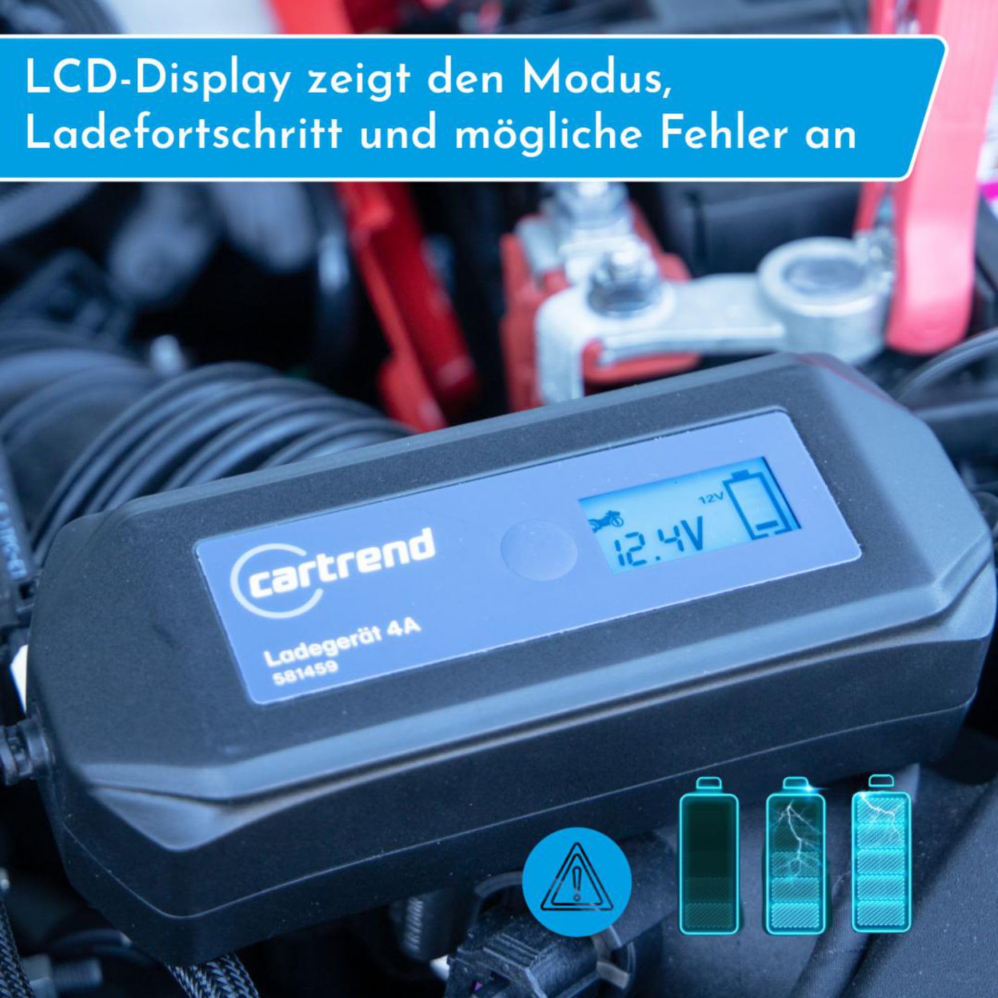 cartrend Mikroprozessor Batterieladegerät DP 4.1, 4A, automatische Diagnose- und Ladefunktion, Autostart nach Netzausfall, LCD-Anzeige, schutzisolierte Polklemmen, für Auto, Motorrad, Boote, Traktoren