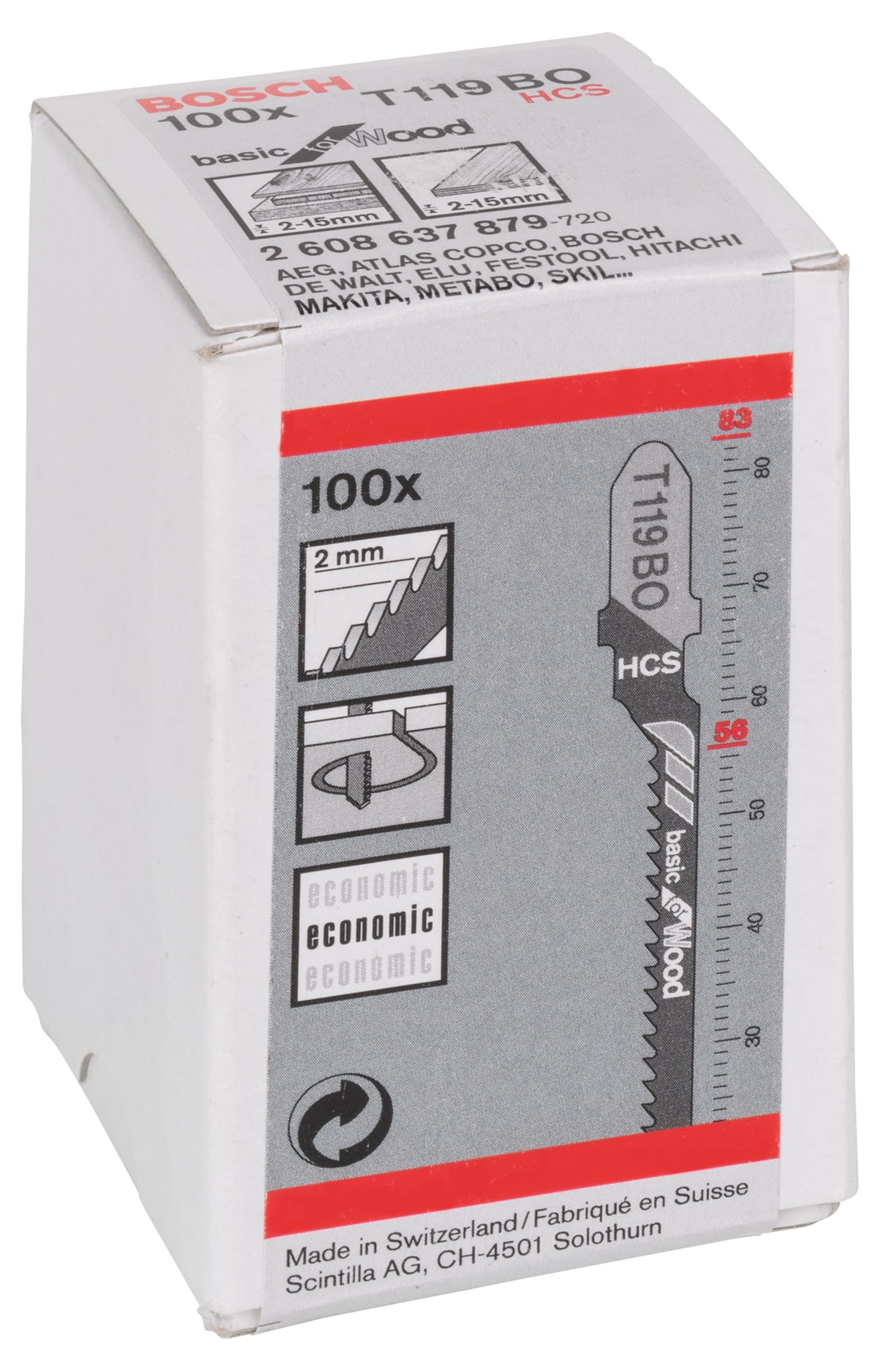 Bosch 100x Lames de scie sauteuse T 119 BO Basic for Wood (pour Bois résineux, Contreplaqué, Longueur 83 mm, Professional Accessoire Scie sauteuse)