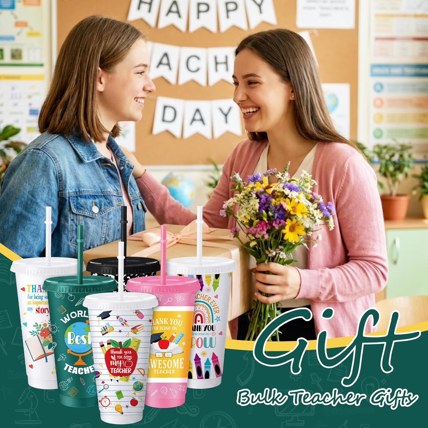 FoldTier 12 Pcs Teacher Appreciation Gifts Bulk, 24 oz Plastic Tumblers with Lids and Straws, End of Year Teacher Cups Gifts with 6 Thank You Designs for Back to School, Classroom, Staff Events