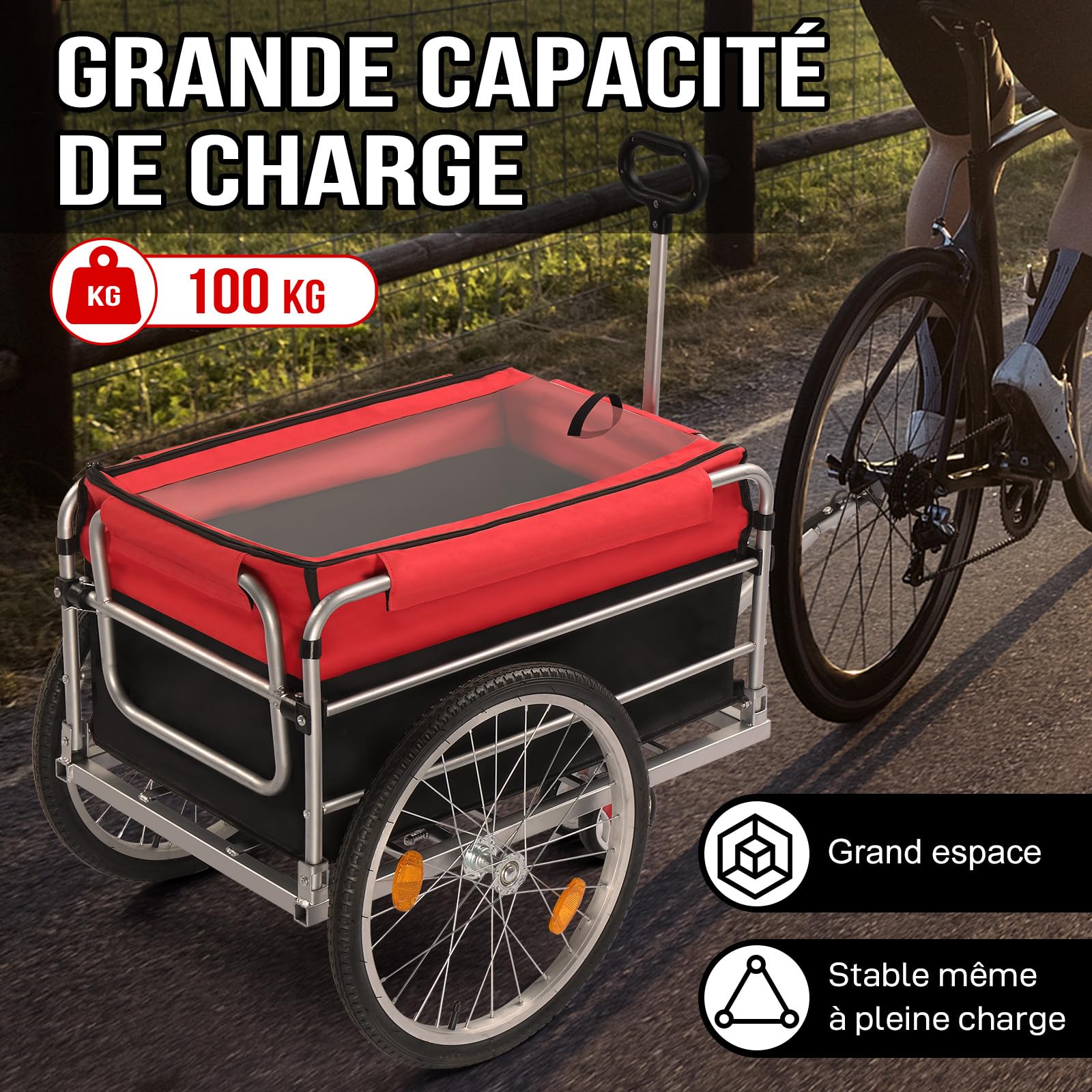 LEADZM Remorque Vélo Pliable, Remorque Cargo avec Attelage Universel, Remorque de Transport avec Pneus Pneumatiques de 20 Pouces, Réflecteurs de Sécurité, Caisse de Transport de 100 litres