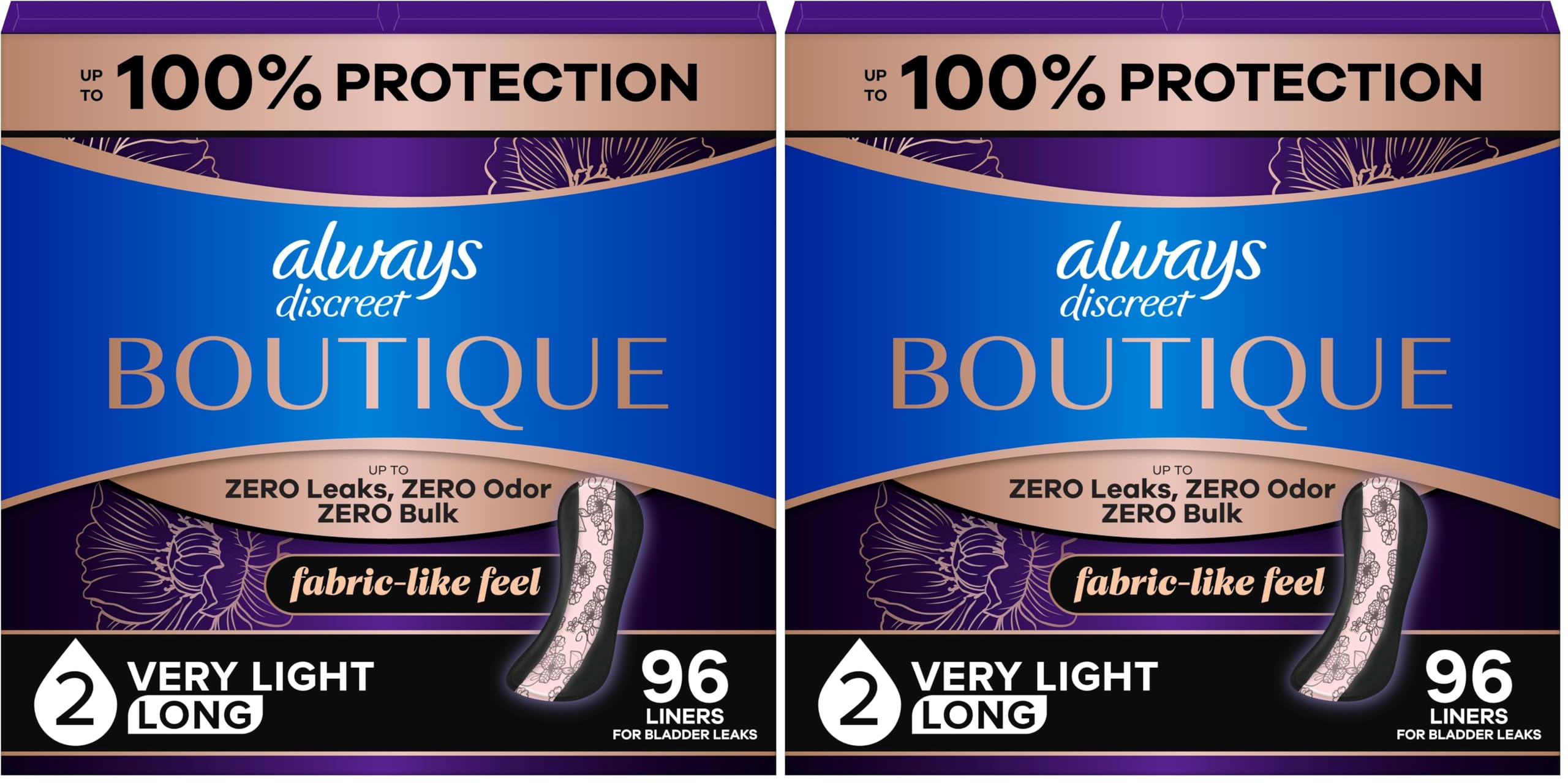 Always Discreet Boutique Incontinence Panty Liners for Bladder Leaks, Size 2, Very Light Absorbency, Long Length, 96 Count (Pack of 2)