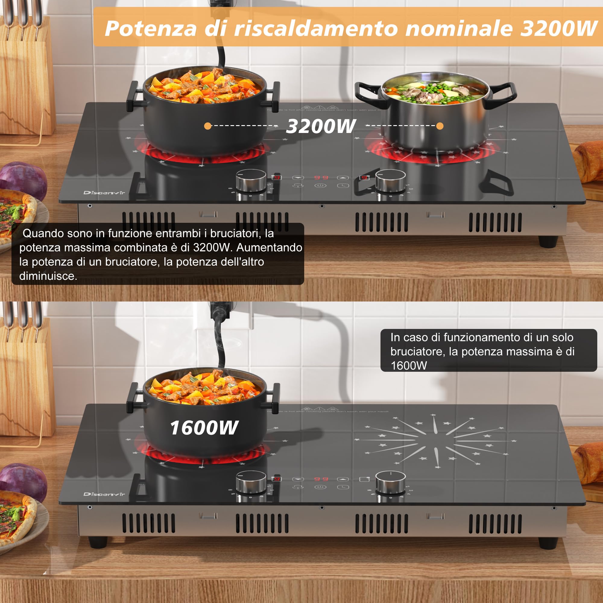 Piano Cottura Elettrico Vetroceramica 2 Fuochi 2200W – 48 Cm, 9 Livelli + Timer – Per Camper E Campeggio