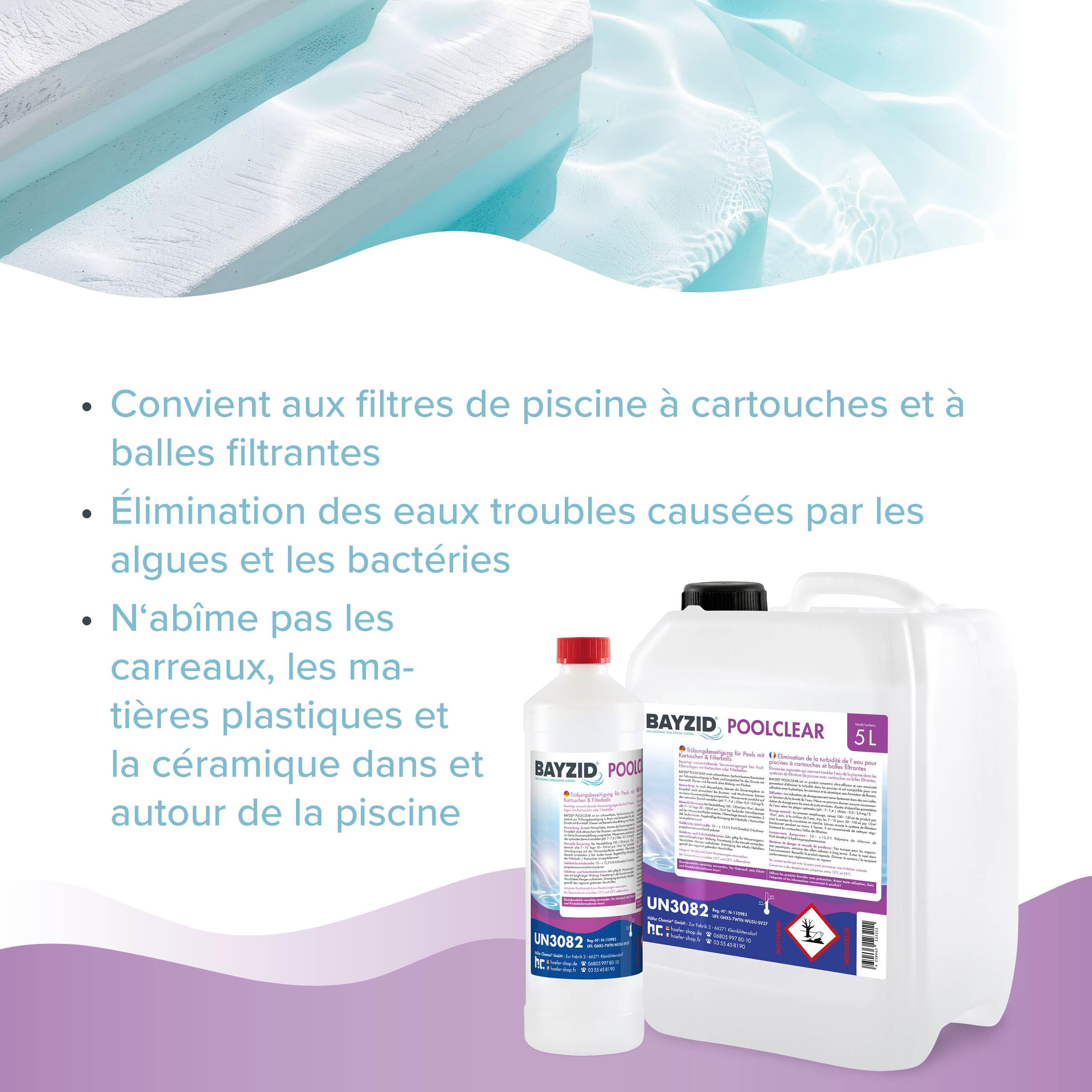 1 x 5 L BAYZID® Spa POOLCLEAR - Clarifiant Anti-Turbidité pour Spa et Petite Piscine - Compatible Filtres Cartouche et Boules Filtrantes - Élimine Algues et Bactéries pour Eau Cristalline