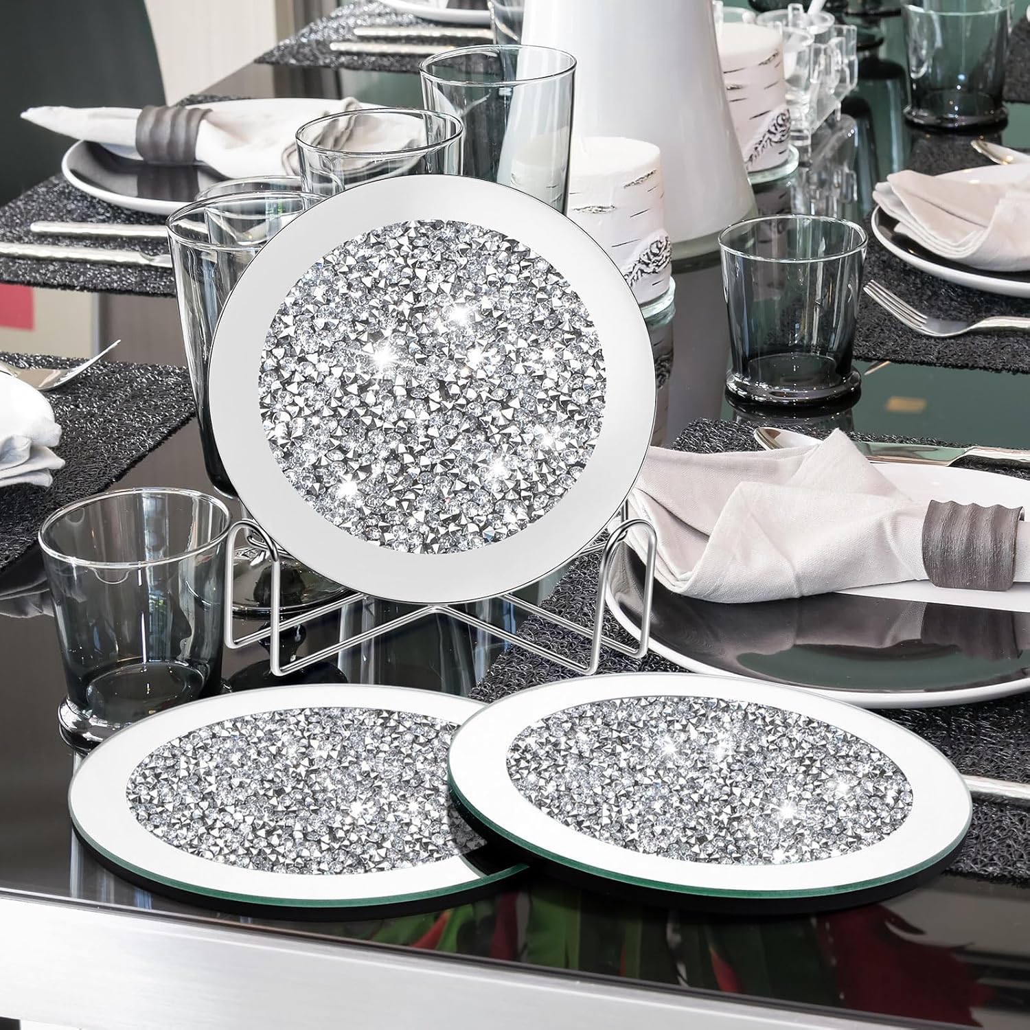 Jetec Mirrored Glass Coaster Set of 6 with 1 Holder 7" Crushed Diamond Round Cup Mat Glitter Crystal Rhinestone Glass Coaster Bling Table Decor for Bar Kitchen Gift for Christmas(Silver)