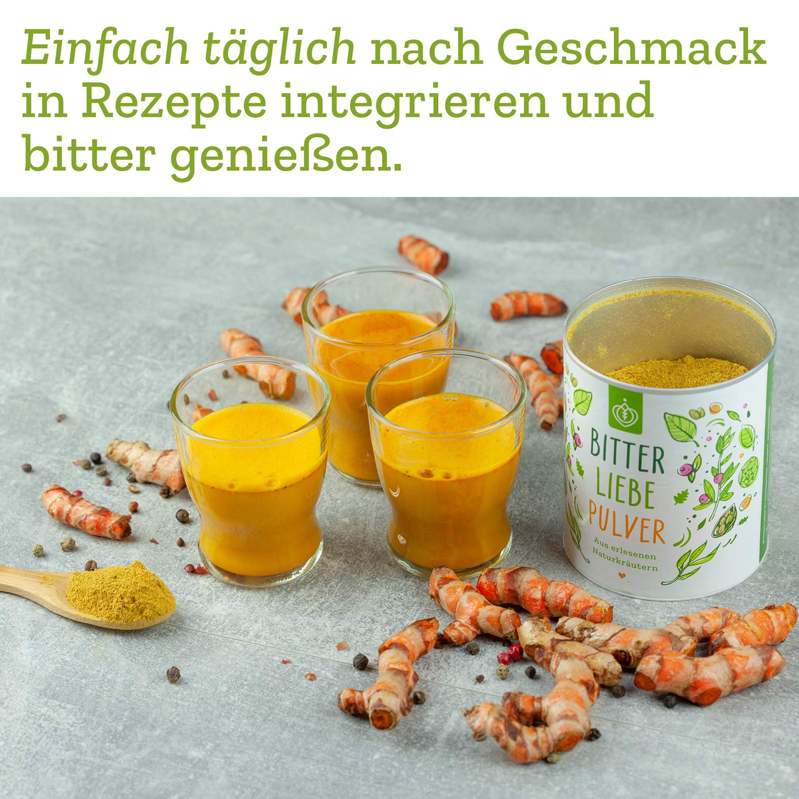 BitterLiebe® Premium Paket mit BitterLiebe Tropfen (50ml) Kapseln (90Stk.) Pulver (100g) und Kräutertee (100g) I Bitterstoffe aus Die Höhle der Löwen