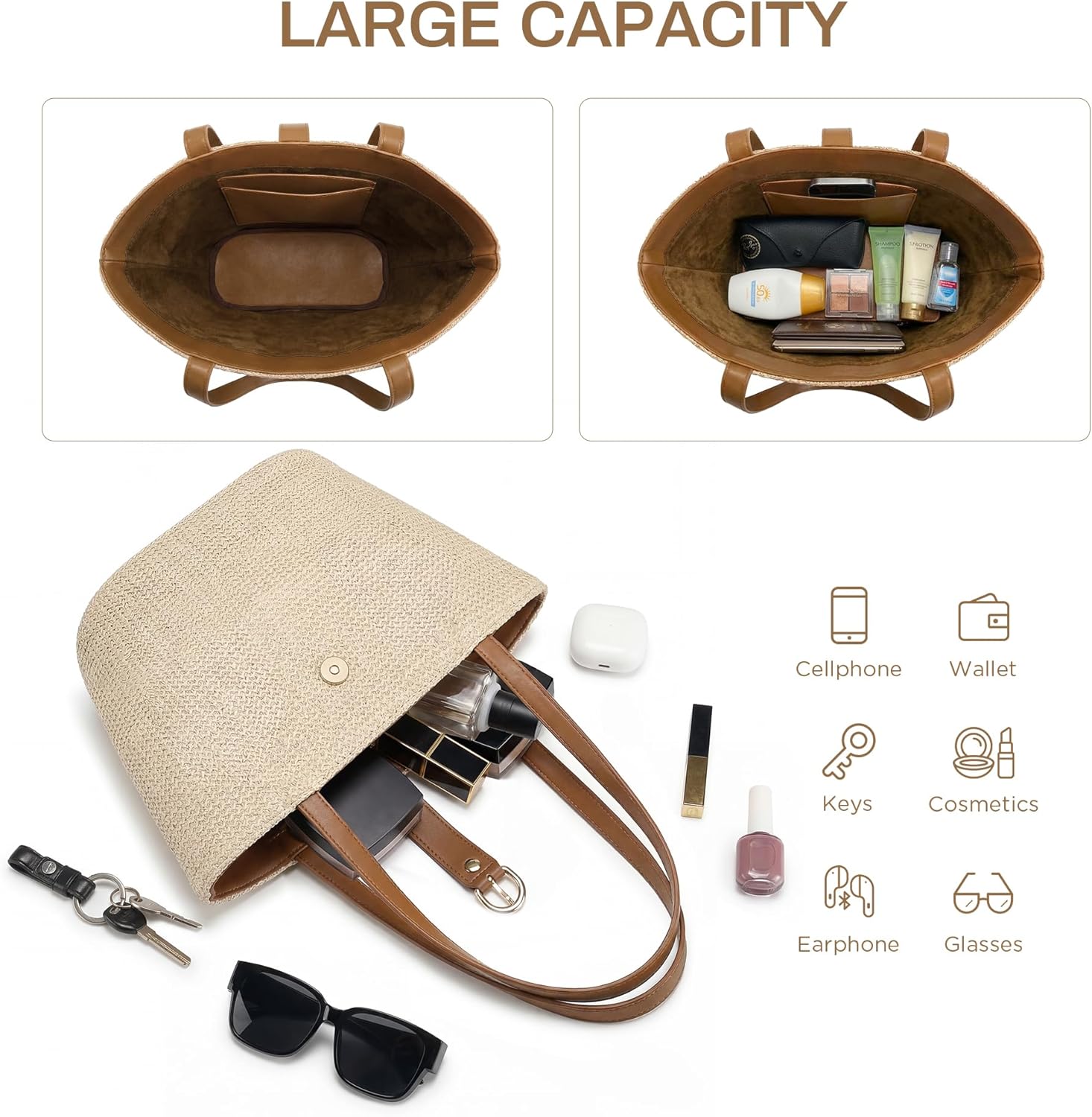 CHUNLI Straw Tote Bag for Women, Woven Raffia Straw Purse, Boho Beach Bag with PU Handle, Summer Vacation Resort Shoulder Bag