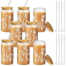 Mumufy 8 Pack Glass Cups Gift Aesthetic Cute Glass Cup Tumbler Flower Iced Coffee Mugs 16 oz with Bamboo Lid & Straw, for Wedding Birthday Bridesmaid Mom Baby Shower