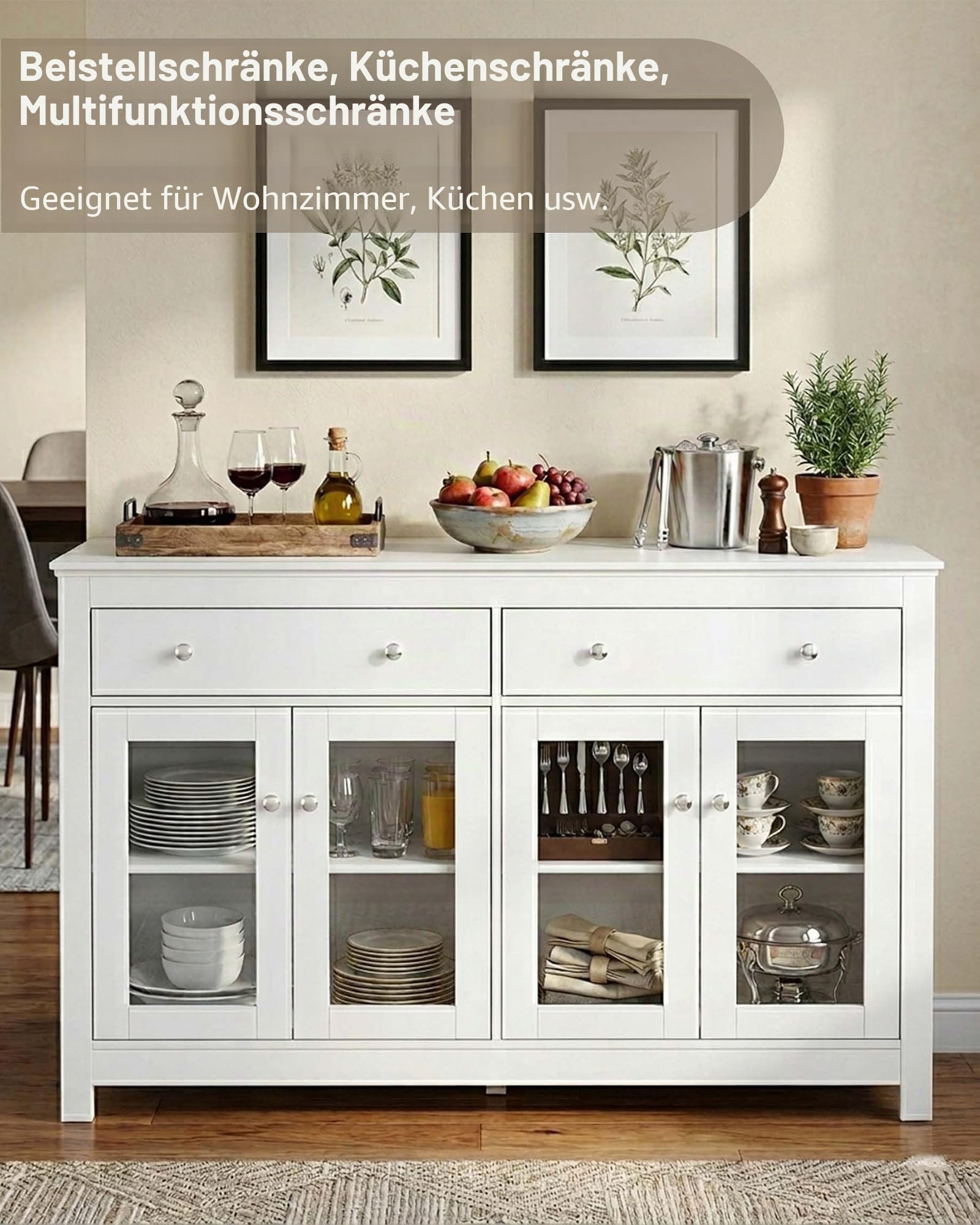 küchenschrank weiß Küchenregal Kaffeebar Landhausstil Sideboard mit 2 Schubladen Mikrowellenhalter Kaffeestation für Küche Esszimmer Stabiler Vintage Ablage 140x40x90 cm