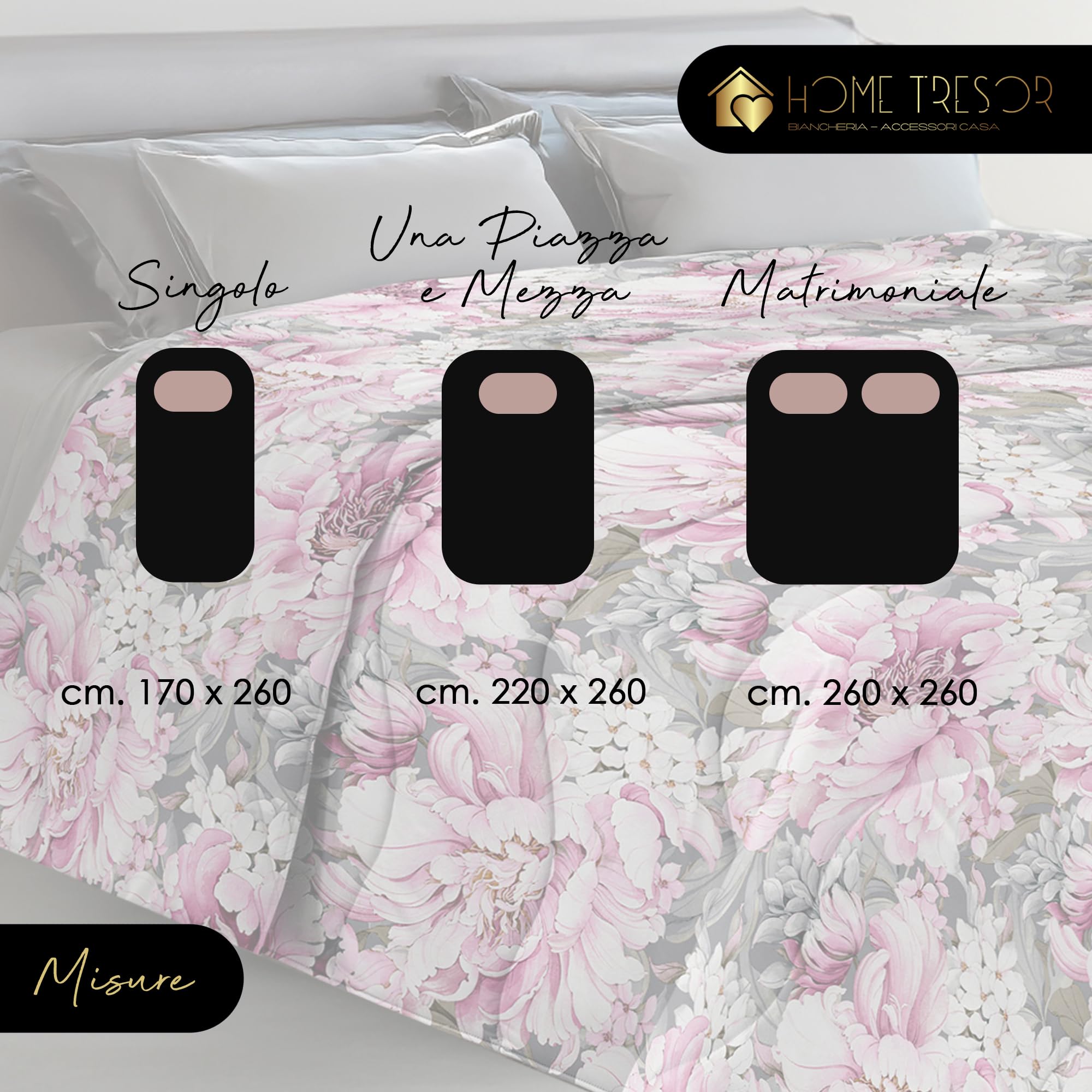 Piumone Invernale Made in Italy, Piumino Calore d’Inverno Morbido e Soffice, Microfibra Anallergica, Trapunta Stampata Duck Friendly Facile Lavaggio GIOIA - Matrimoniale 260*260 cm, Floreale 60