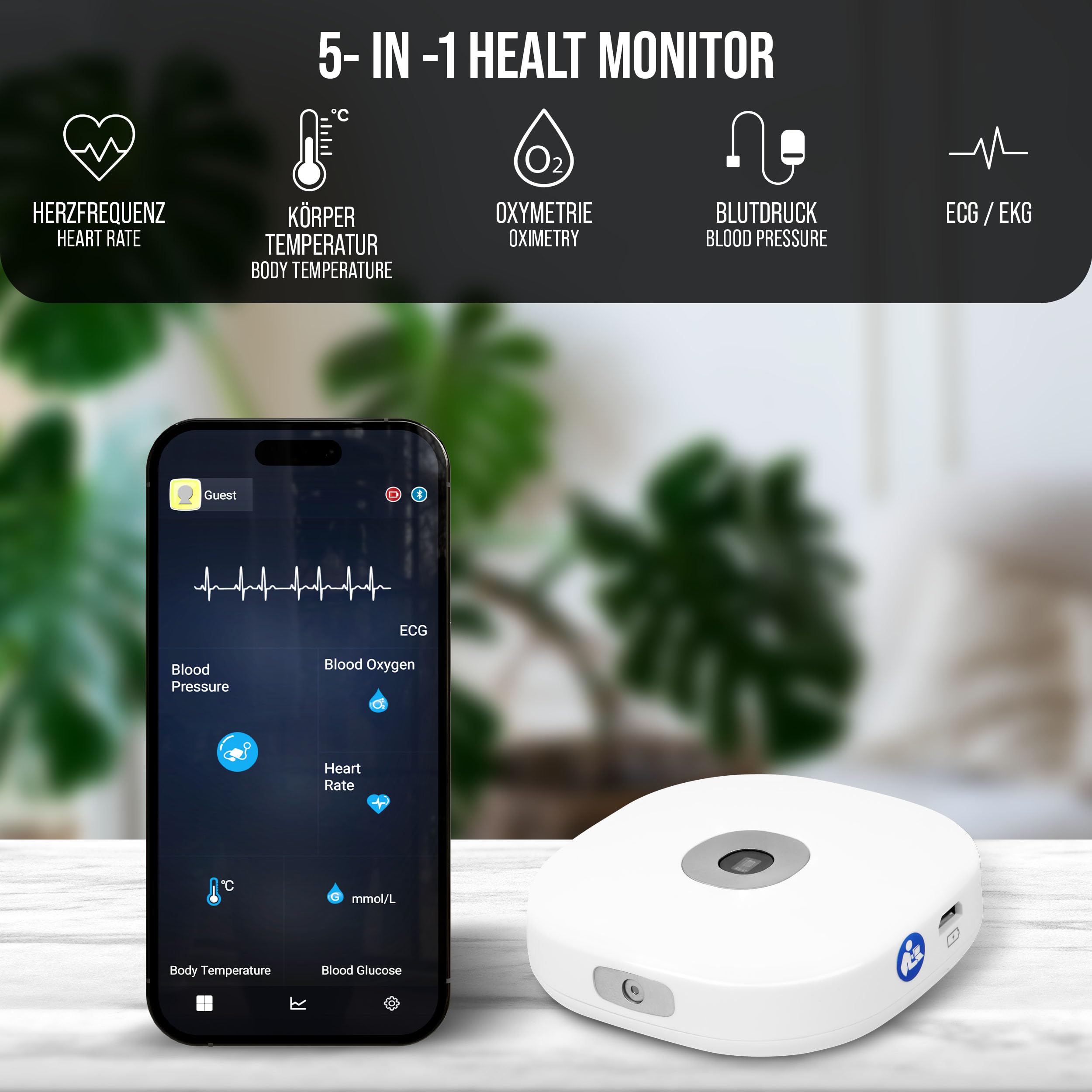 Pulox HC-03 HealthCheck Pro 5-in-1 Vitalmonitor mit EKG & SpO2 | Misst Herzfrequenz, Blutdruck und Temperatur, kompakte Gesundheitskontrolle mit mehreren Vitalparametern