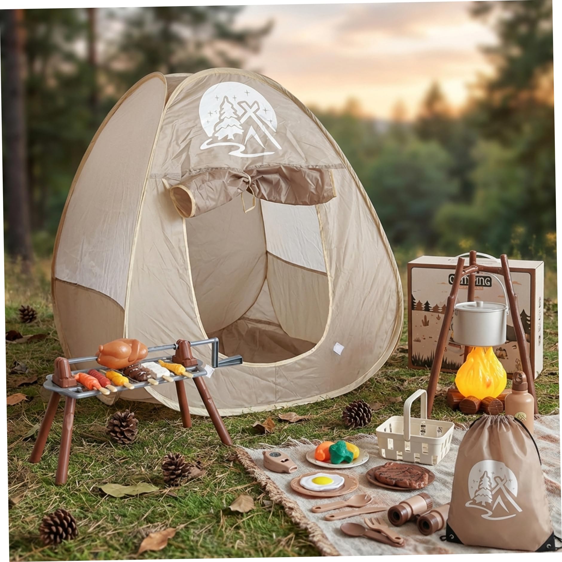 Juego de camping para niños con tienda de campaña, barbacoa giratoria y fogata iluminada, 34 piezas de juguetes para juegos de rol imaginativos, juguetes para niños de interior y exterior a partir de