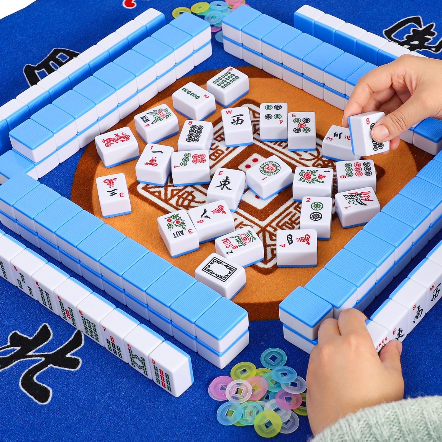 American Mahjong Game Set, Mahjong Tile Set with 166 Numbered Large Tiles (1.5", Blue), Mahjong Tiles Set with Blue Carrying Bag