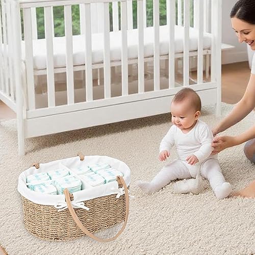 Miniatura 4 de Organizador de pañales de mimbre tejido a mano, bolsa de pañales multifuncional para guardería y almacenamiento en el hogar, forro desmontable, asas