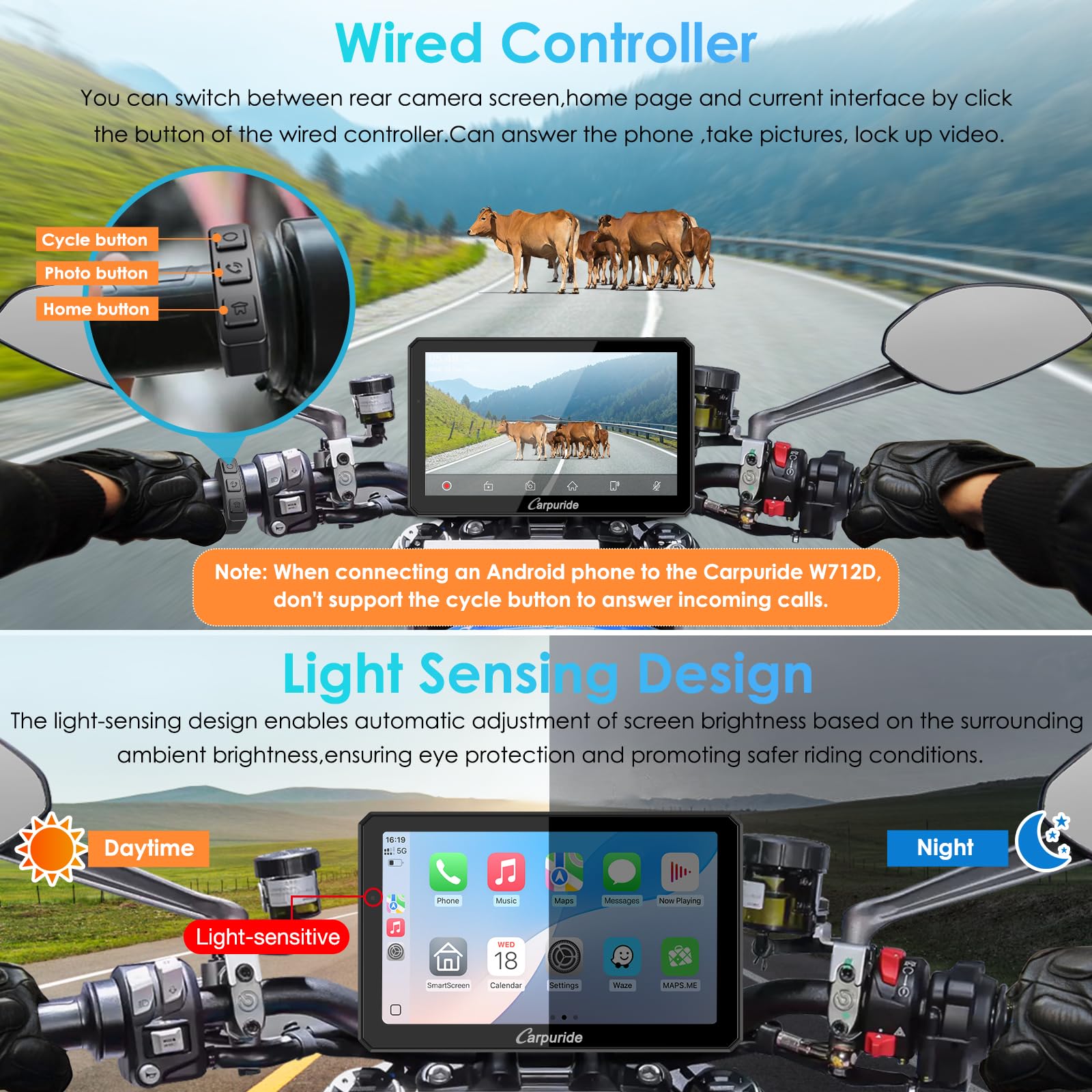 Carpuride W712D Motocicleta Carplay Pantalla con 1080P HD Dash CAM Duales Cámara, Inalámbrico CarPlay y Android Auto, 7" Pantalla Táctil Impermeable, BT, Cable Controlador, Grabación Bucle, GPS.