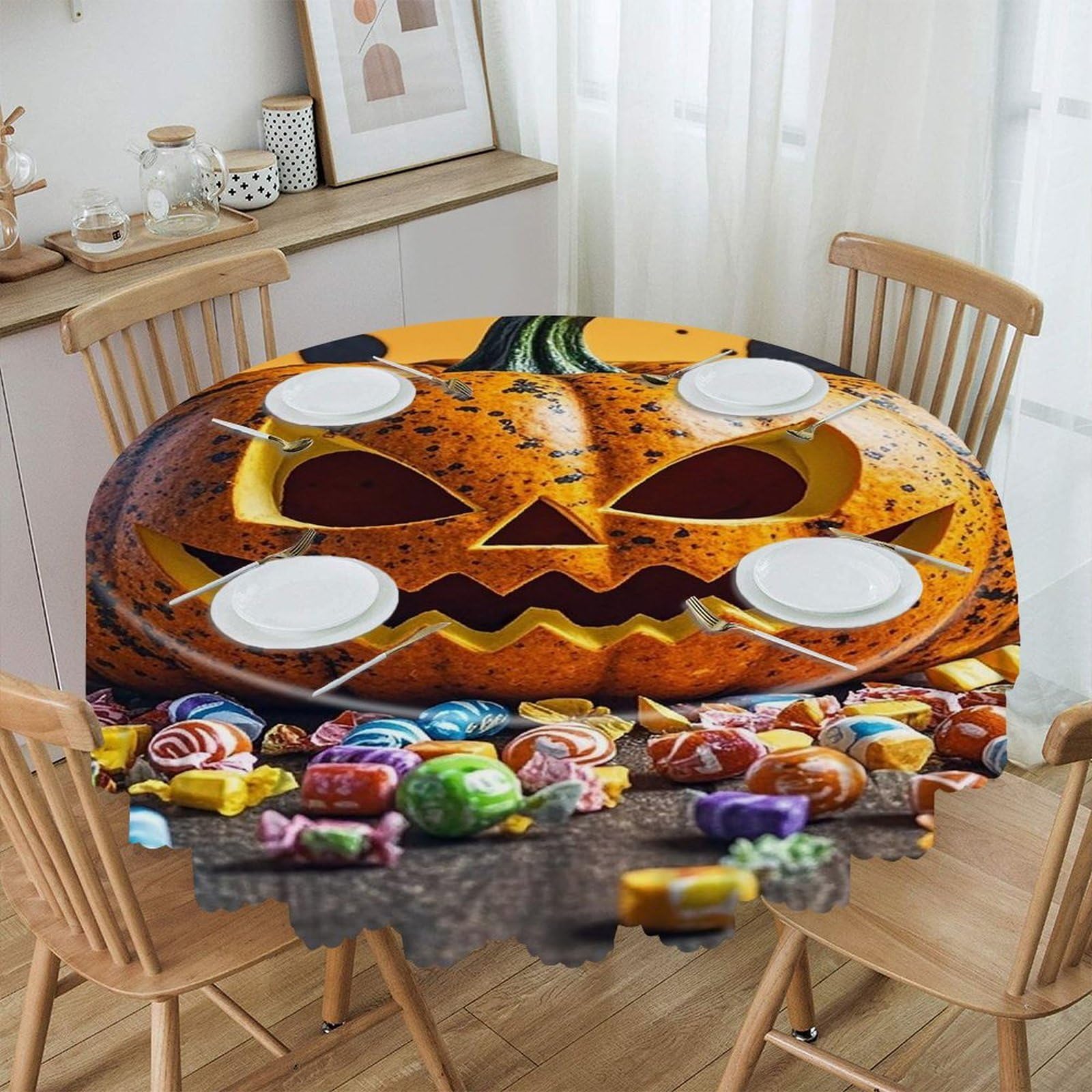 FekiLoot Pumpkins and Candies Round Tablecloth 60 Inch Waterproof Heavy Duty Table Cloth Spillproof Washable Table Cover Wrinkle Resistant Tablecloths Decorative Table Cloths