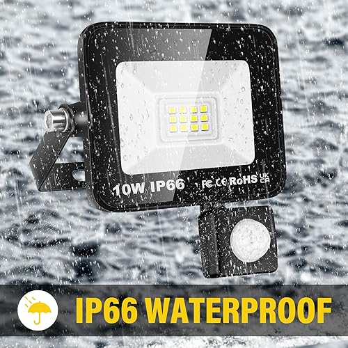 Miniatura 5 de Willpower Reflector LED con sensor de movimiento, luces de seguridad para exteriores de 10 W, 1000 lúmenes, lámpara exterior de 6000 K, luz blanca