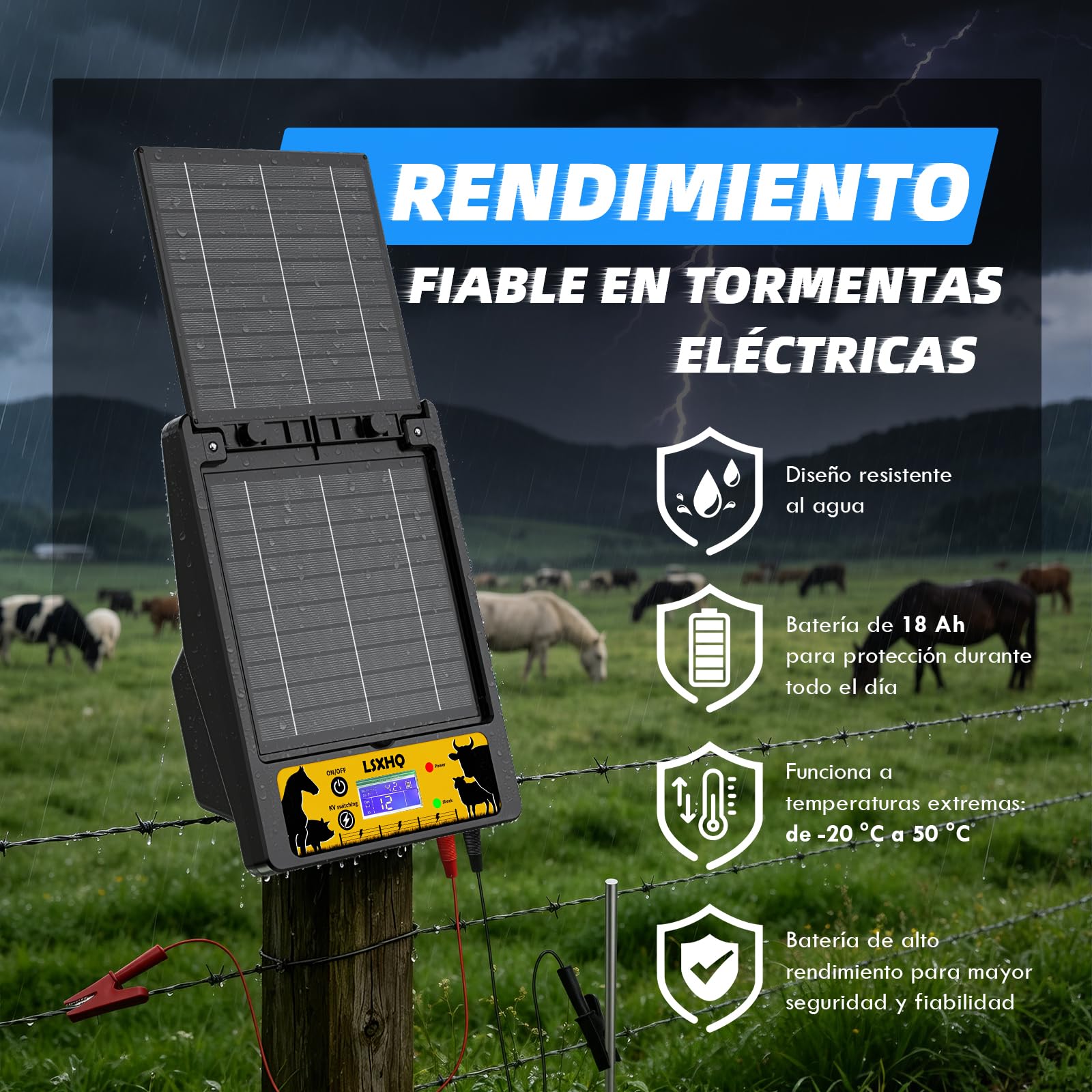 Electrificador de Cercas Solar para Alcance 32 KM, Batería de Litio 18000mAh, Electrificador con Panel Solar 10W, 0.3-2J, 6KV-12KV Ajustable, Protección para Aves de Corral, Ganado (Negro)