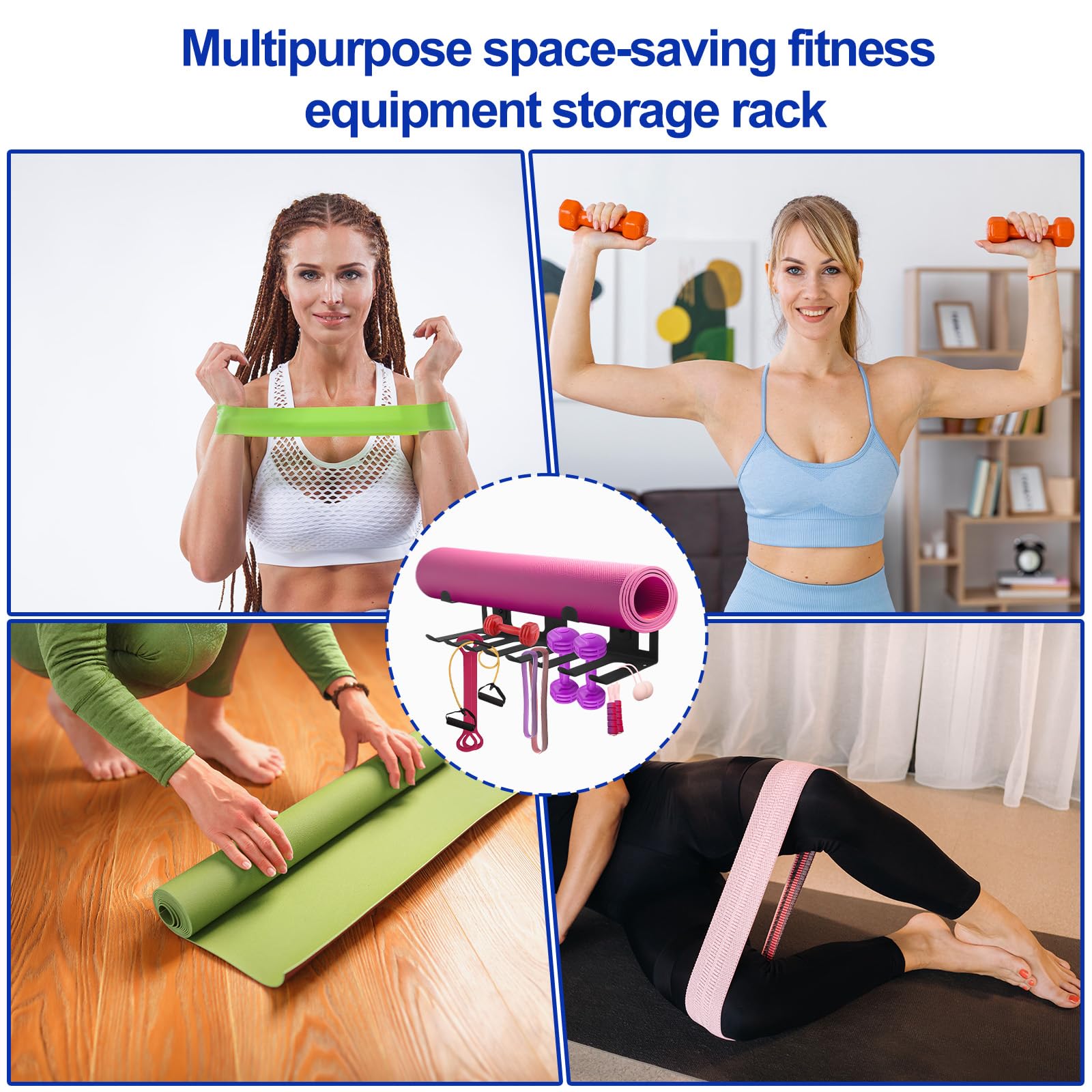 Mehrzweck-Aufbewahrungsregal für Fitnessgeräte, Edelstahl-Rack-Organizer Wandhalterung mit Schrauben Heim-Fitnessstudio-Zubehör für Schaumstoffrollen Gurte Widerstandsbänder Yogamatte (Schwarz)