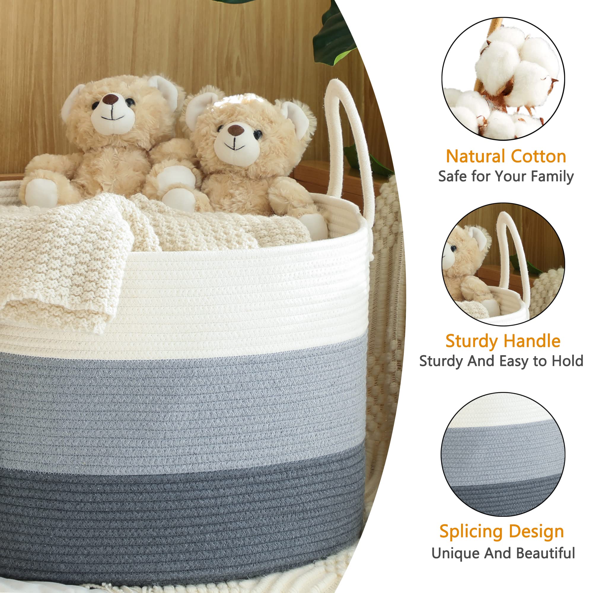 KAKAMAY Large Woven Blanket Basket – 20x13 Inch Cotton Rope Storage Bin For Toys, Laundry, Pillows (Jute/Black)