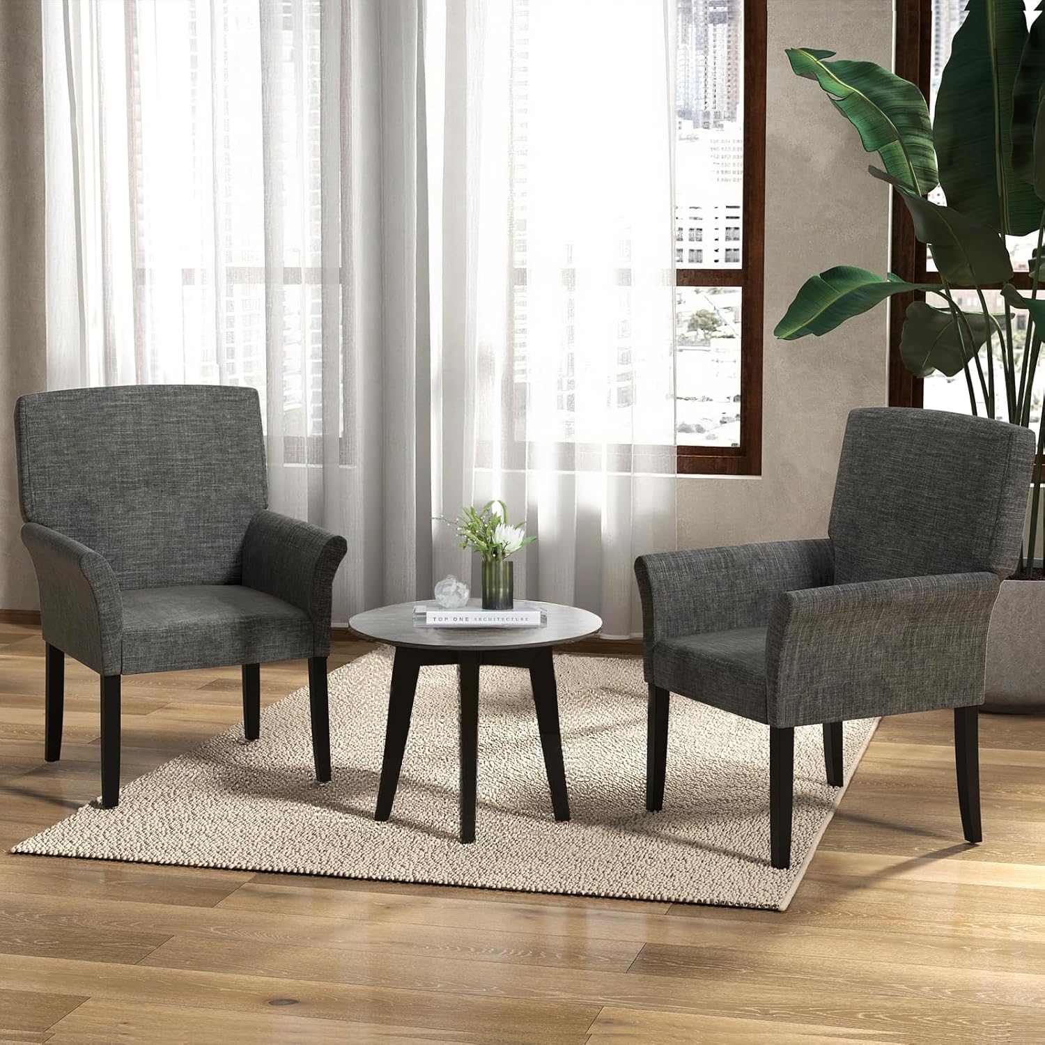 POWERSTONE Executive Accent Chairs Set of 2, Fabric Guest Chairs Armchair with Wood Legs 5.5in Thick Cushion for Reception Waiting Room Living Room Single Sofa for Home Theater, Gray