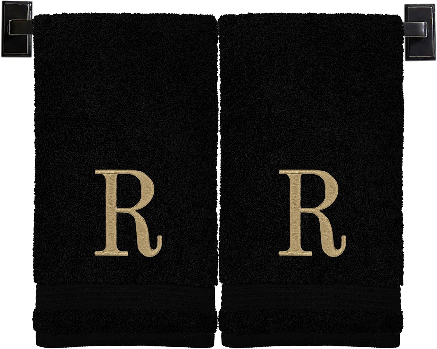Black Hand Towels for Bathroom with Monogram | Luxury Cotton Turkish Towels | Embroidered in USA | Set of 2 | Choose Set Color and Letter | A - Z | Modern Font