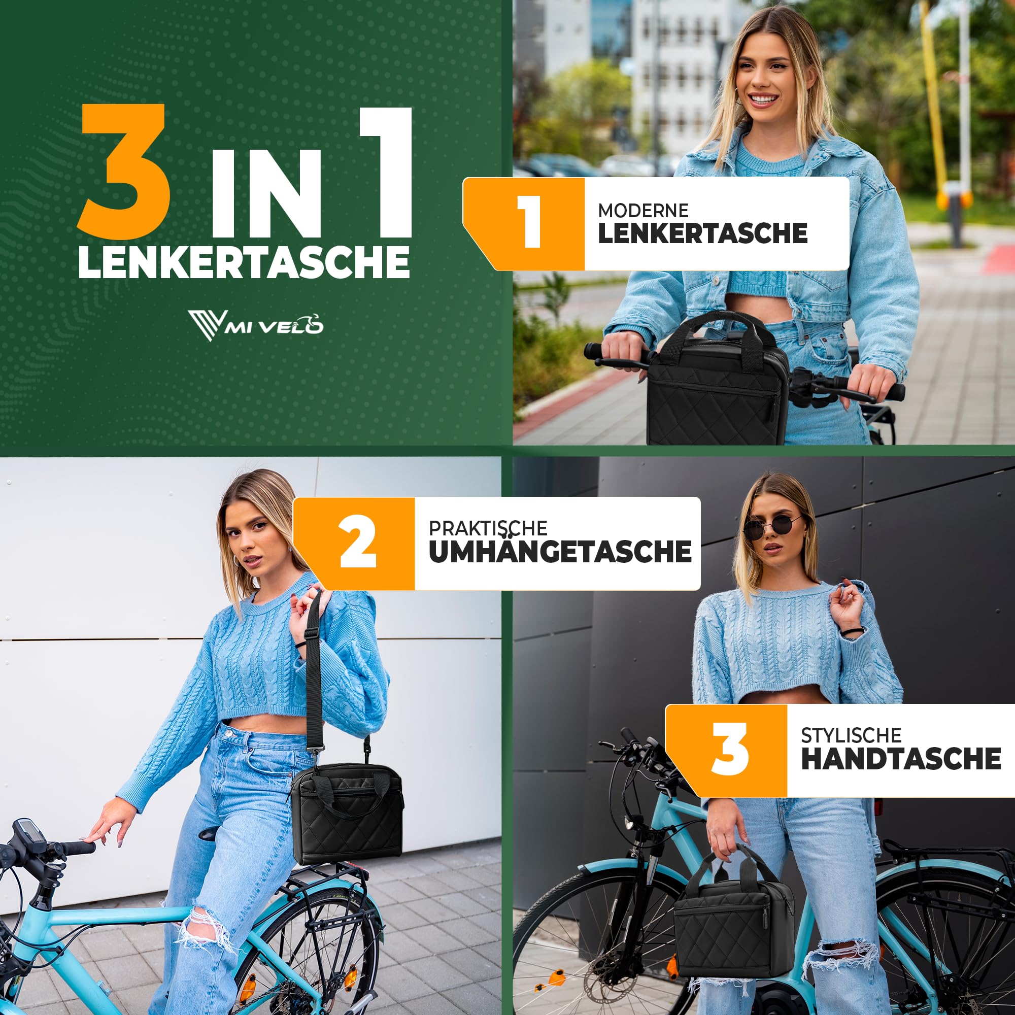 MIVELO Lenkertasche Fahrrad für KLICKfix - Fahrradtasche Lenker (Adapter kompatibel) - wasserabweisend & geräumig - Lenkertasche - Tasche Lenker - E-Bike tauglich (Schwarz, ohne Adapter)
