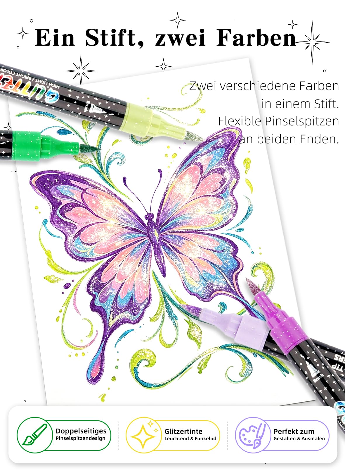 AEDAGA 60 Pack Glitzerstifte Doppelspitze, 120 Farben Glitzer Filzstifte