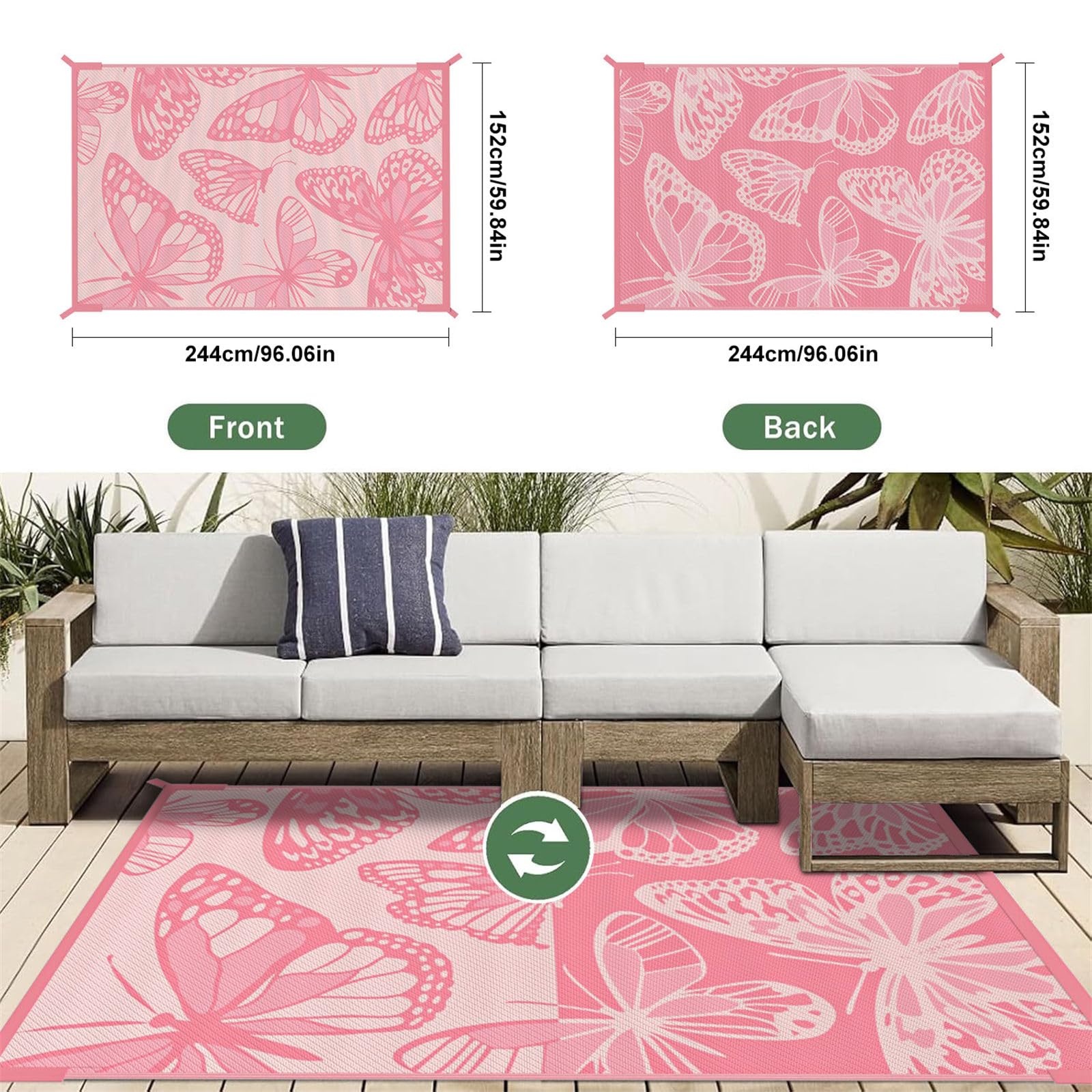 Hiseng Tappeto da Esterno Impermeabile Grande per Giardino (Rosa,152x244cm)