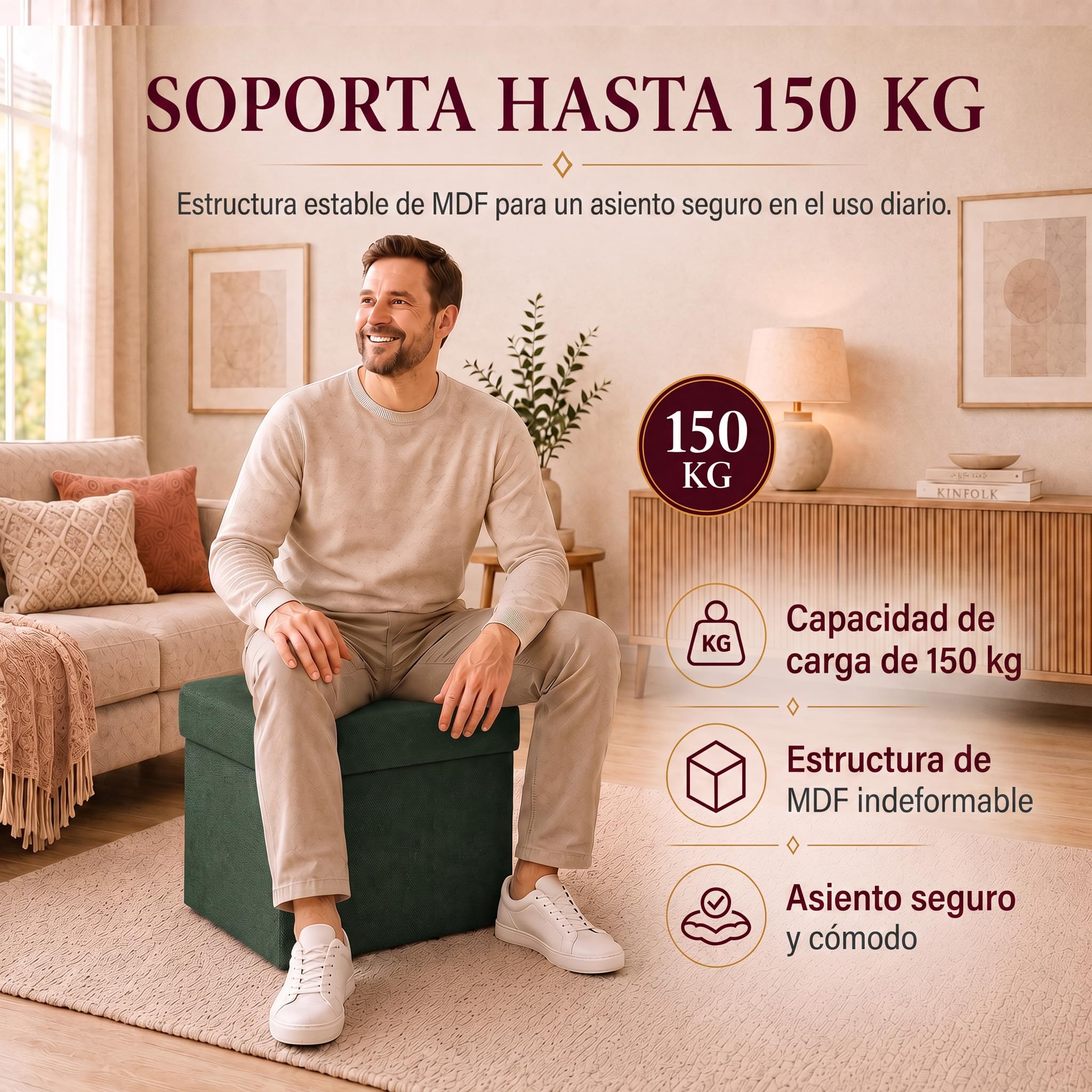 VELORA H&L Puf con Almacenaje 45 x 45 cm Verde Oscuro – Puf Tapizado en Tela con Compartimento Interior, Soporta hasta 150 kg, para Salón, Dormitorio y Recibidor