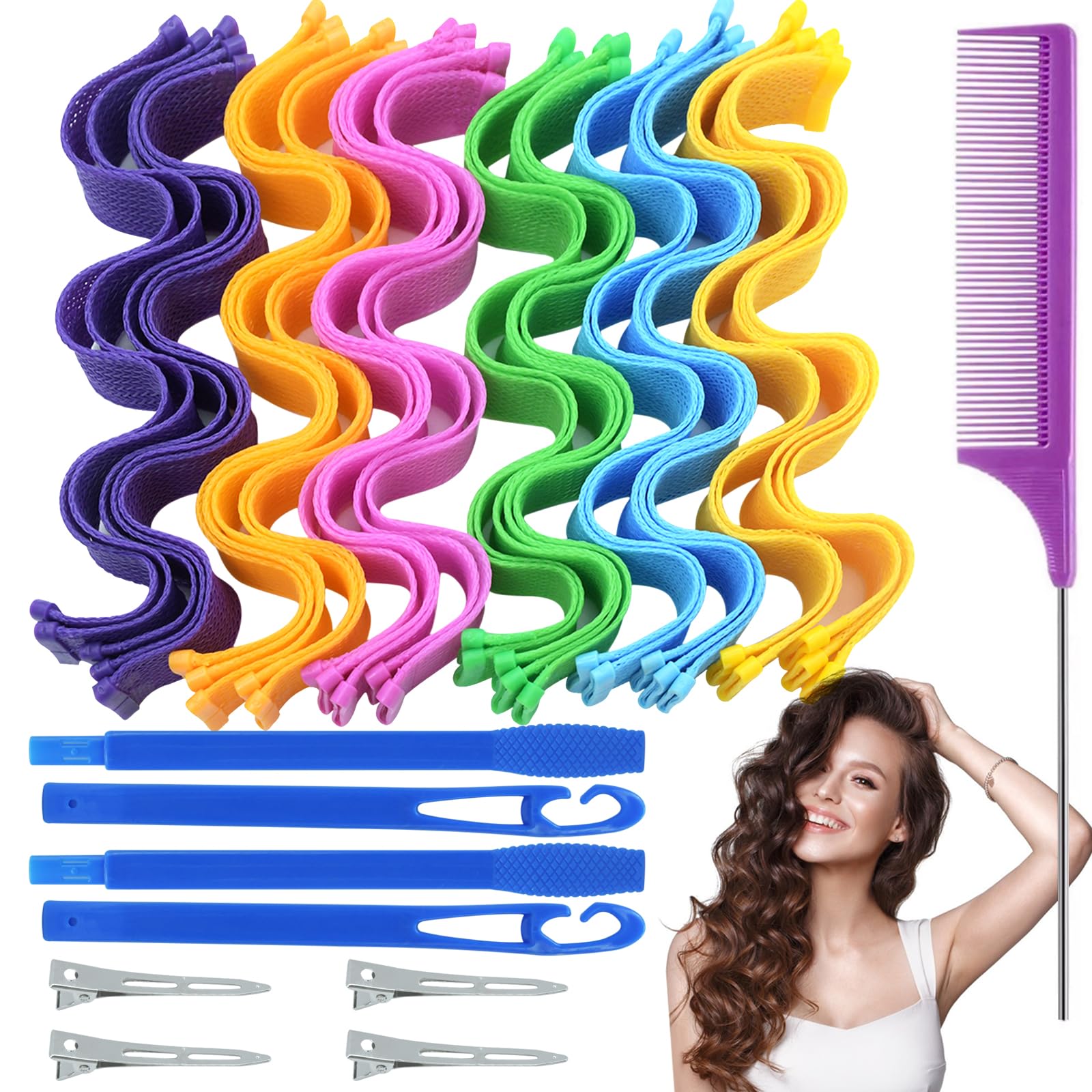 MSIHEY 34 Pieces Mixed Color Heathless Curling Curler Set Overnight Curler with 1 Beauty Comb and 2 Styling Hooks for Women and Girls Long Curling Curler (30cm)