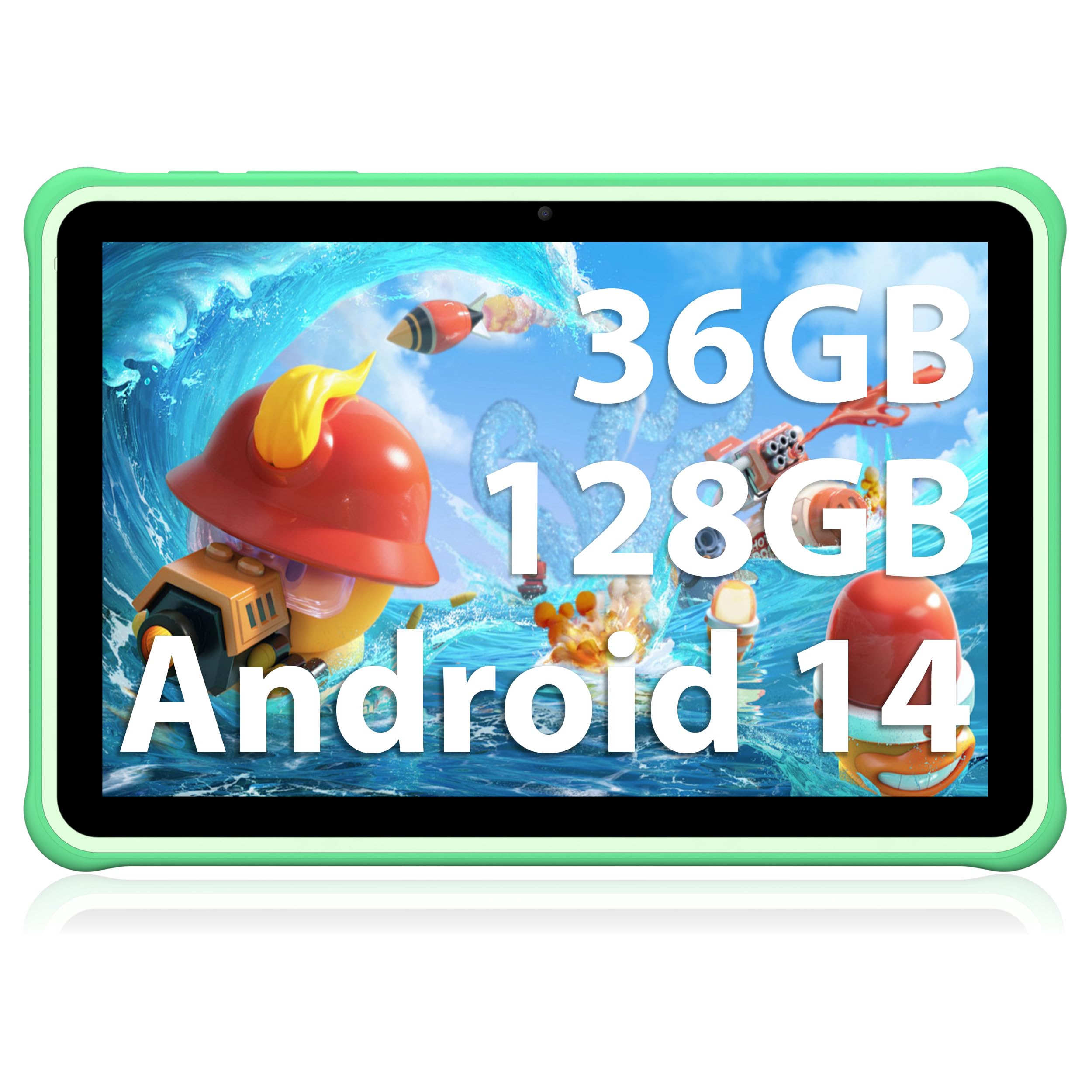 FASTWD Tablet per bambini 10 pollici Android 14 Tablets educativo,36GB RAM+128GB ROM(espandibile con SD),WiFi 6,controllo genitori,Widevine L1/BT 5.0/8+5 MP/Tablet per Bambini, (Verde)