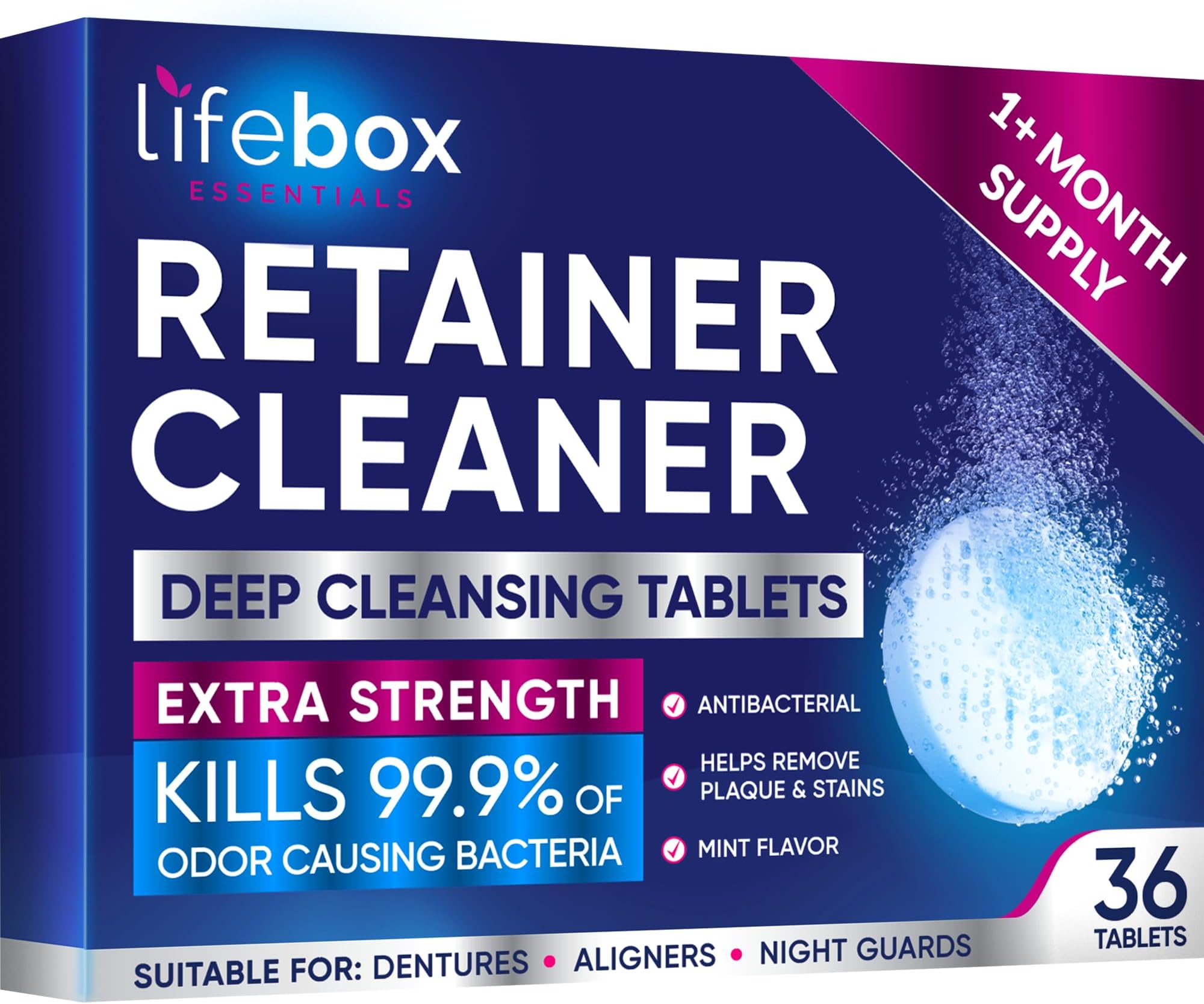 Retainer Cleaner Tablets - 36 Denture Cleaning Tablets & Aligner Cleaner - Removes Odors & Stains – For Aligners, Retainers, Dentures, Night Guards - Mint Flavor