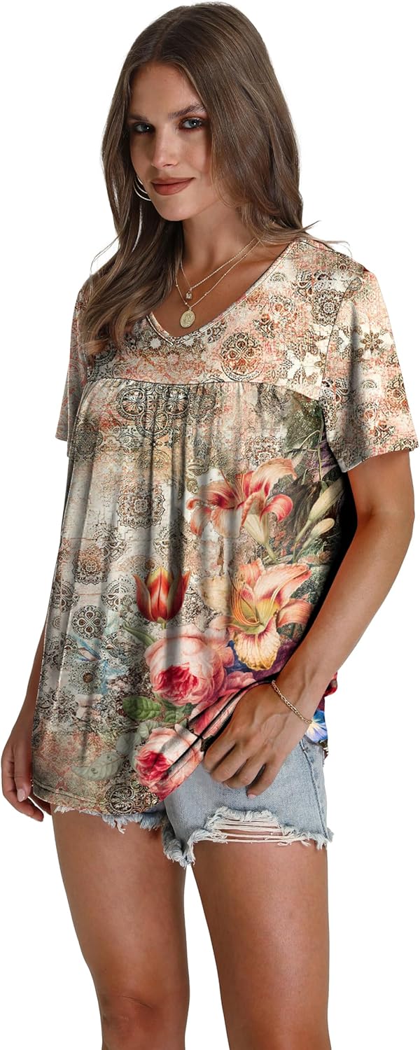 WEESO Womens T Shirts Short Sleeve Pleated Dressy Casual V Neck Summer Tops Blouses - Image 3