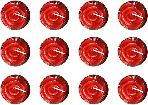 Velas de té de rosa, 12 piezas hechas a mano delicadas velas de flores con 100 pétalos de rosa de seda, mini discos de vela para bodas, Rojo,Rosa