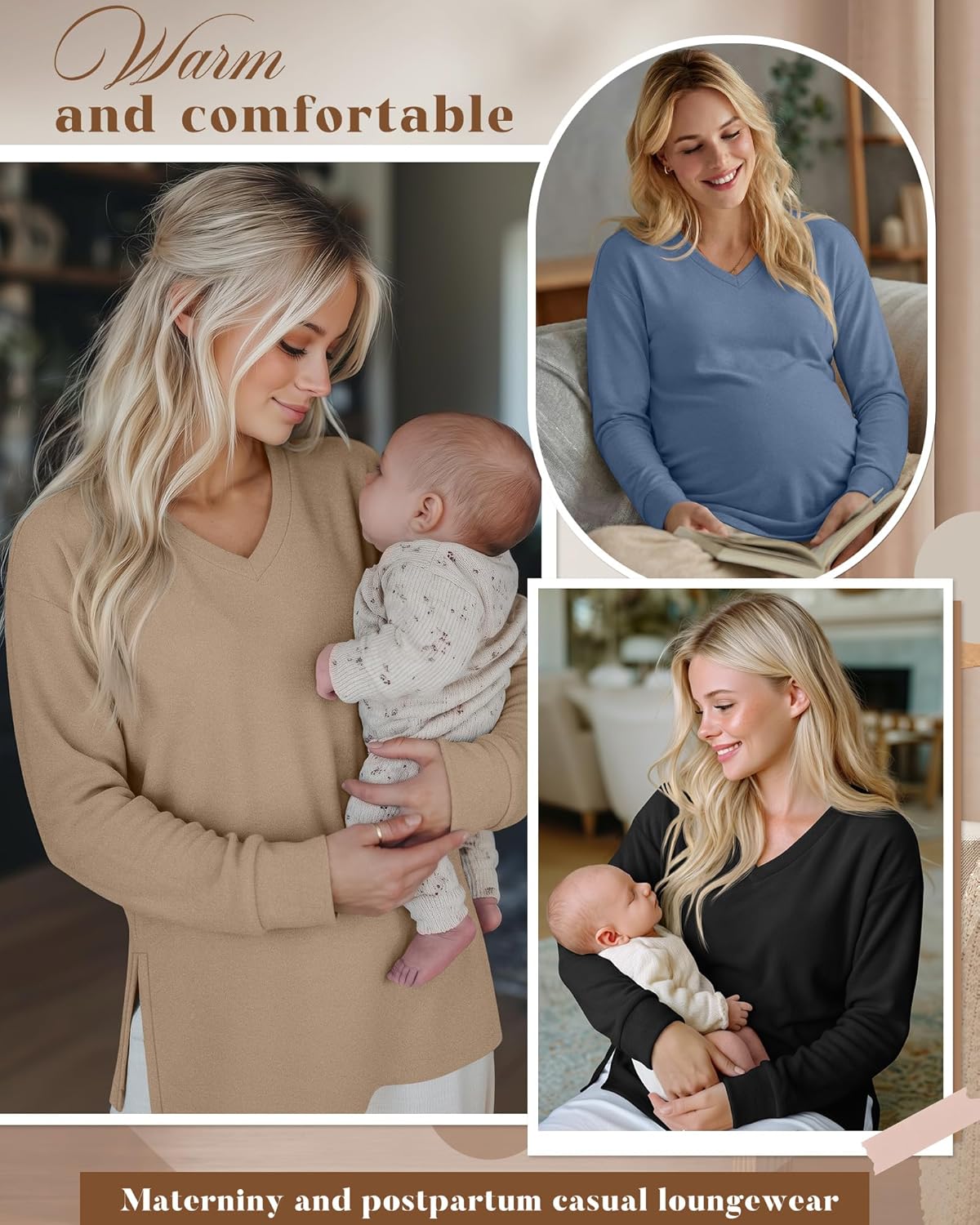 Huukeay 3 Pack Women's Thermal Maternity Shirts Long Sleeve Fleece Lined Pregnancy Tops Split Side V Neck Maternity Clothes - Image 2