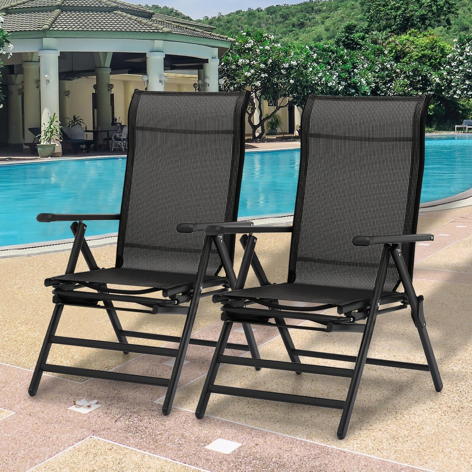 Athena Collection Zero Gravity Outdoor Lounge Chair Recliner Set of 2, 29" Width Reclining Pool Lounge Lawn Chairs with Headrest, Outdoor Chaise for Beach Patio Backyard Outside, Black