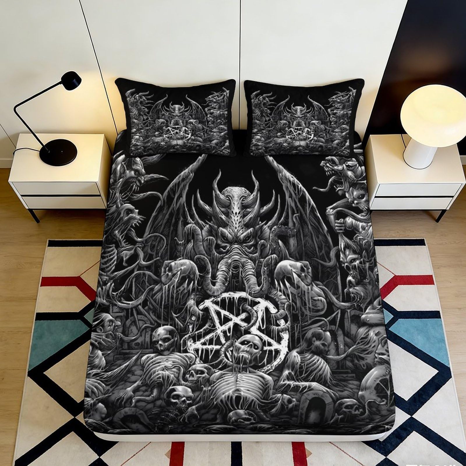 3D Printed Gothic Demon Fitted Sheet Microfiber Black Art Skull Mattress Cover for Bedroom Dorm Decor Protection 90x200x25cm
